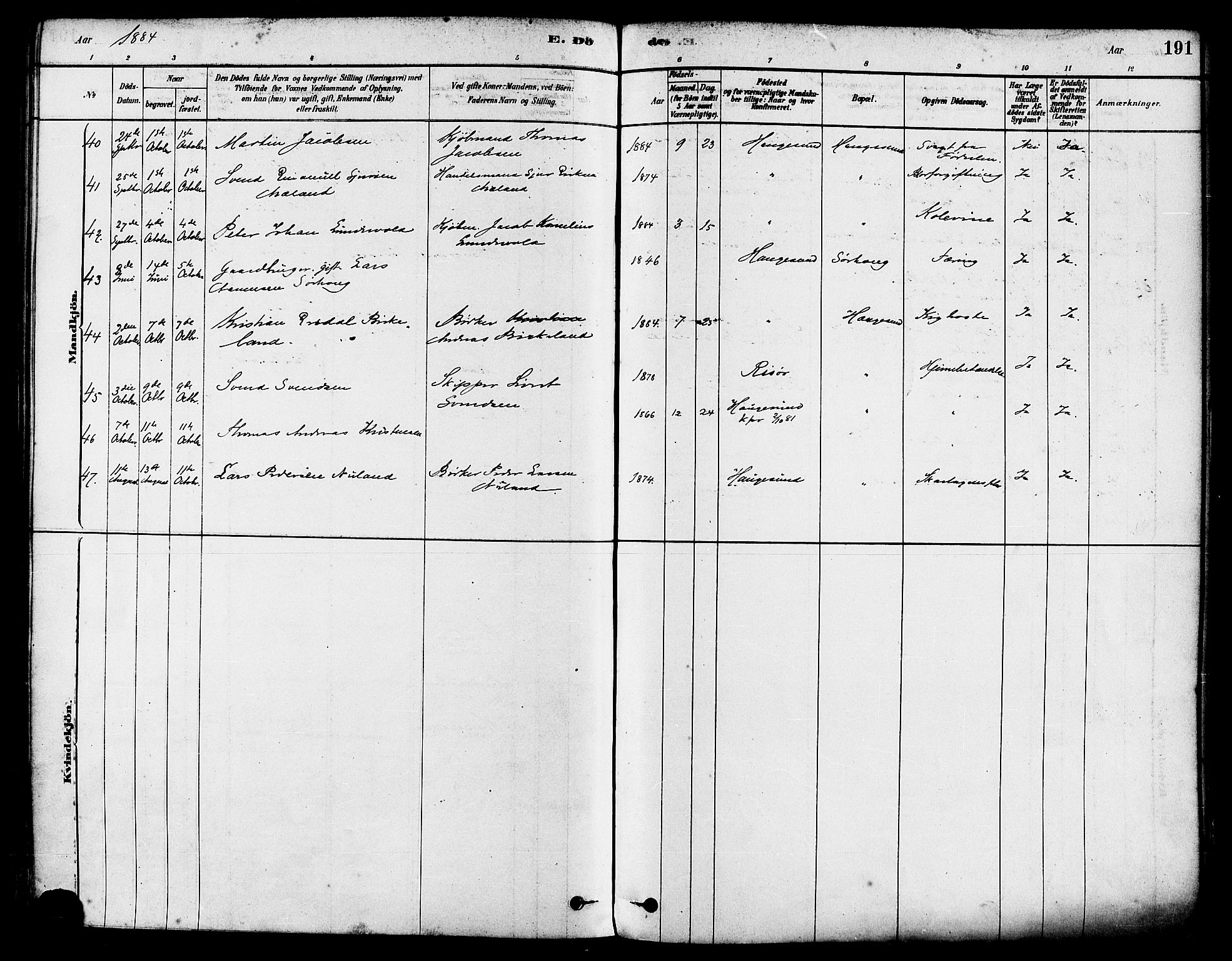 Haugesund sokneprestkontor, AV/SAST-A -101863/H/Ha/Haa/L0001: Parish register (official) no. A 1, 1878-1885, p. 191