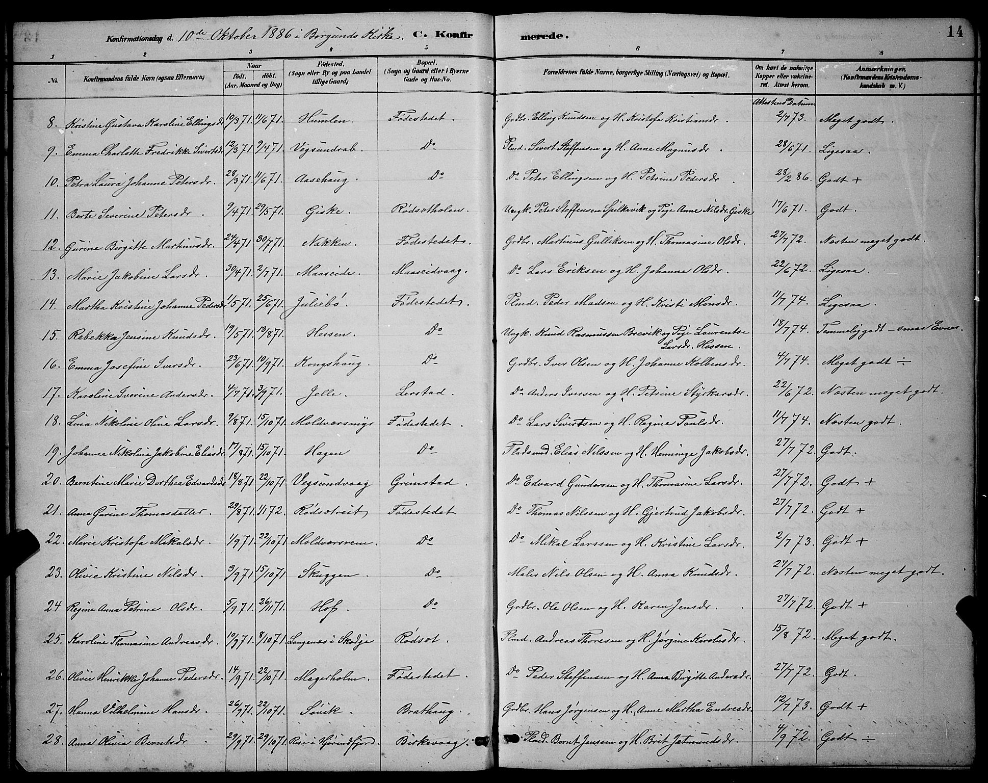 Ministerialprotokoller, klokkerbøker og fødselsregistre - Møre og Romsdal, SAT/A-1454/528/L0430: Parish register (copy) no. 528C11, 1884-1899, p. 14
