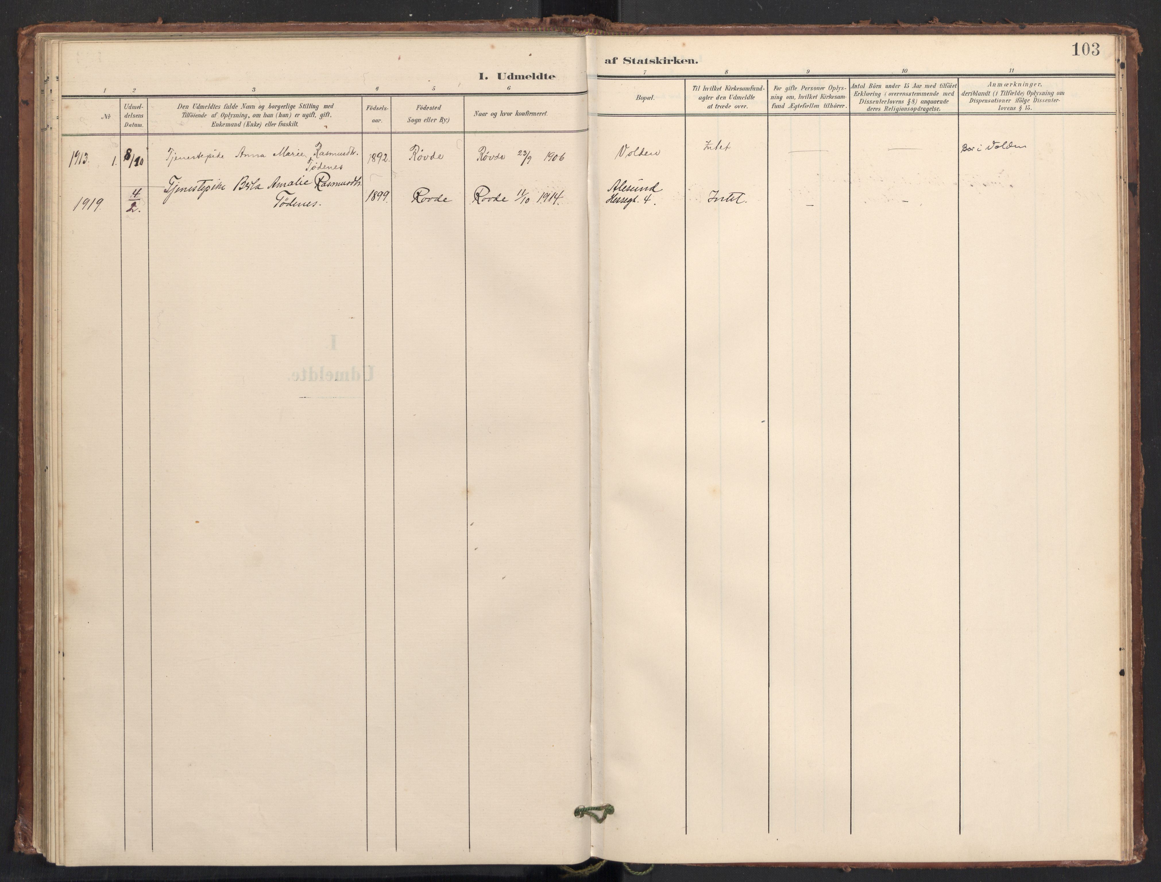 Ministerialprotokoller, klokkerbøker og fødselsregistre - Møre og Romsdal, SAT/A-1454/504/L0057: Parish register (official) no. 504A04, 1902-1919, p. 103
