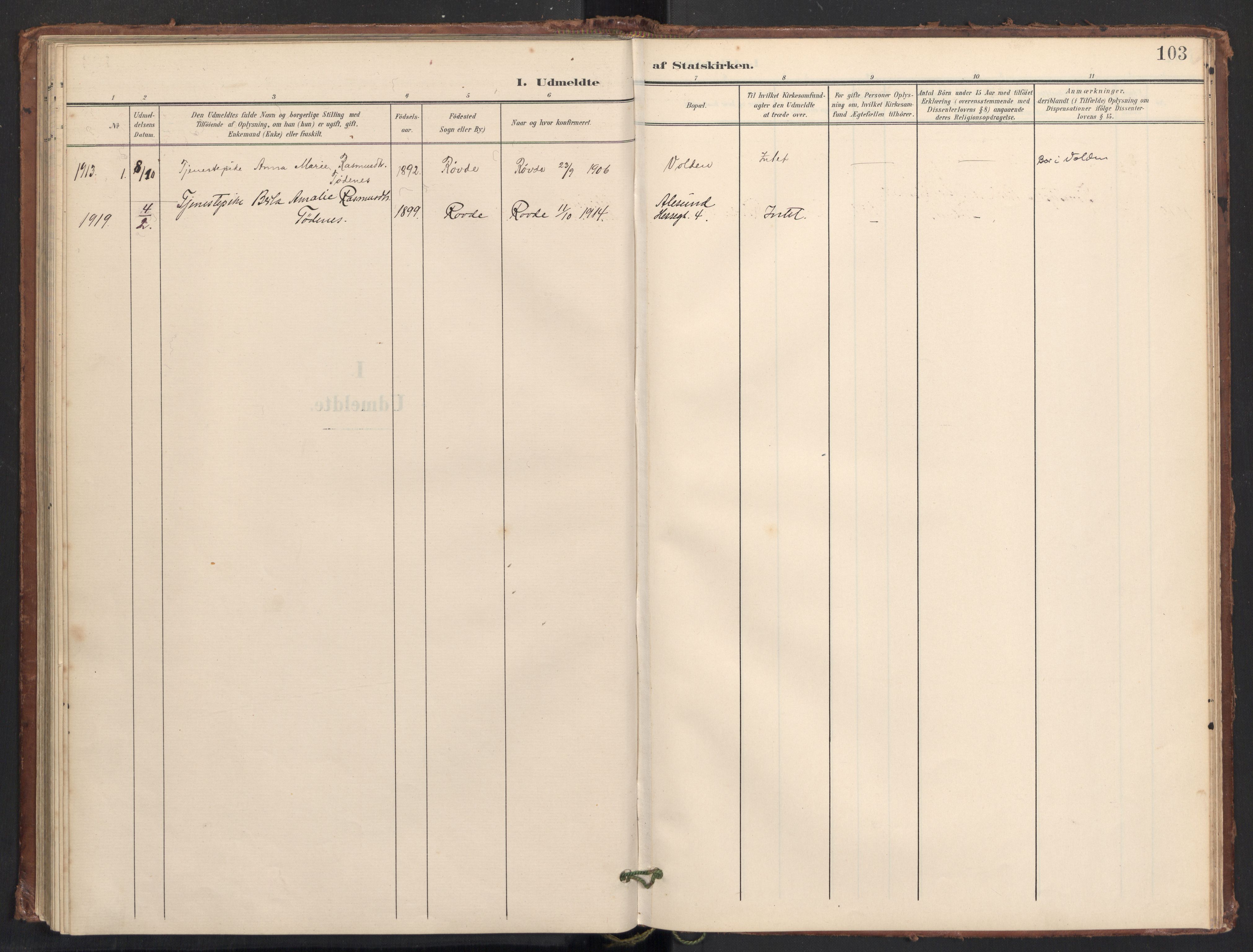 Ministerialprotokoller, klokkerbøker og fødselsregistre - Møre og Romsdal, AV/SAT-A-1454/504/L0057: Parish register (official) no. 504A04, 1902-1919, p. 103