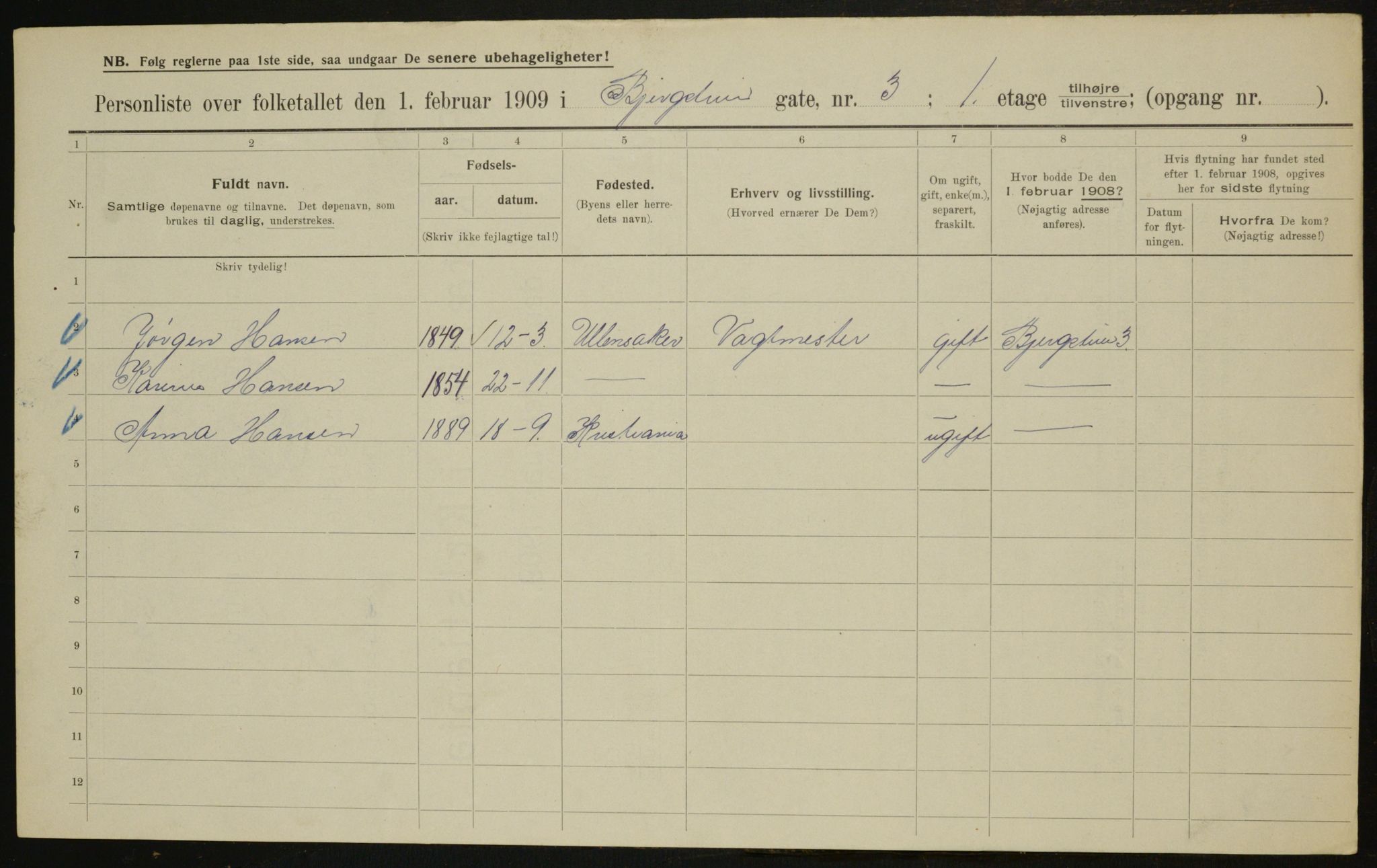 OBA, Municipal Census 1909 for Kristiania, 1909, p. 3990