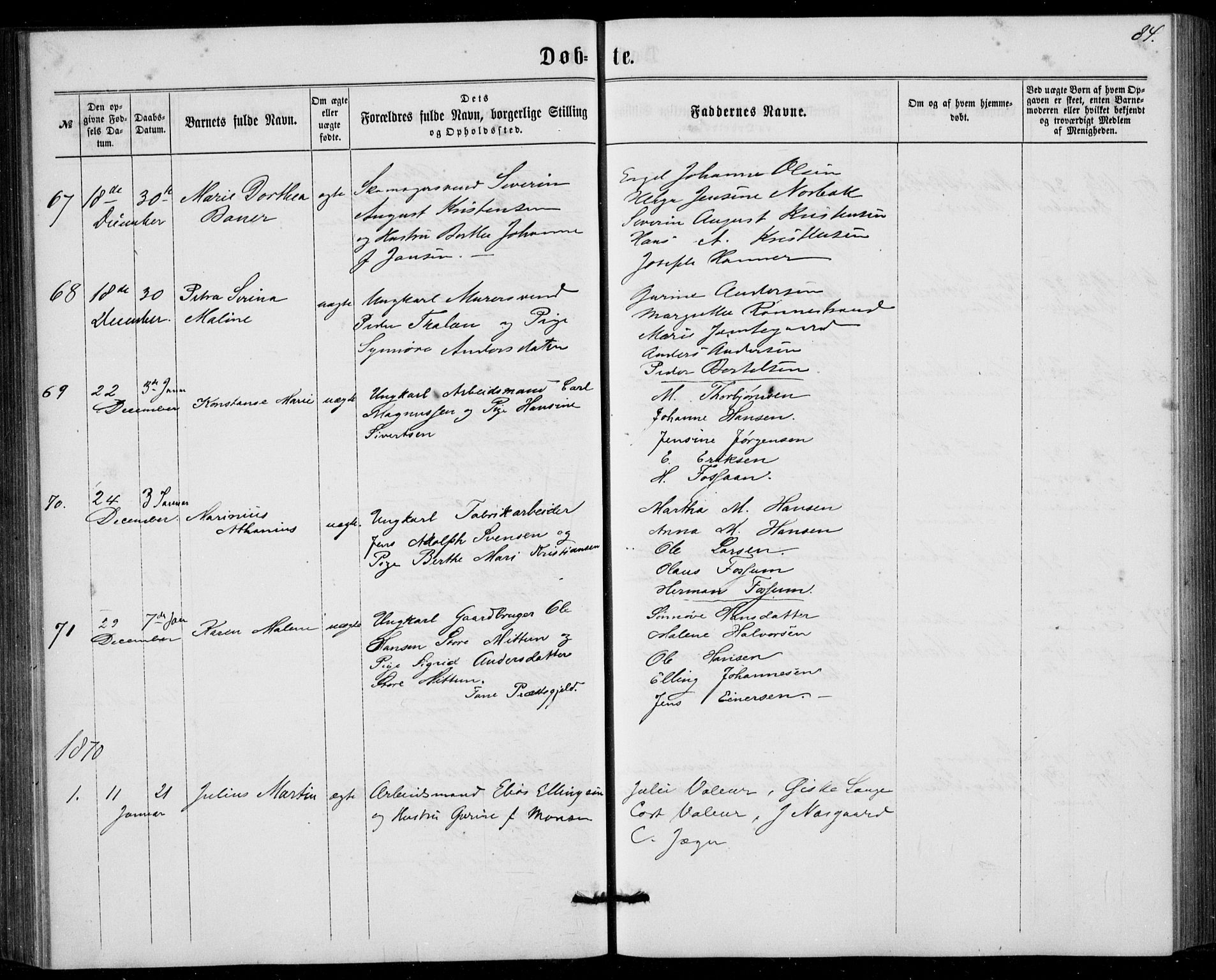 Fødselsstiftelsens sokneprestembete, ført av overlegen*, SAB/-: Parish register (official) no. A 1, 1863-1883, p. 84