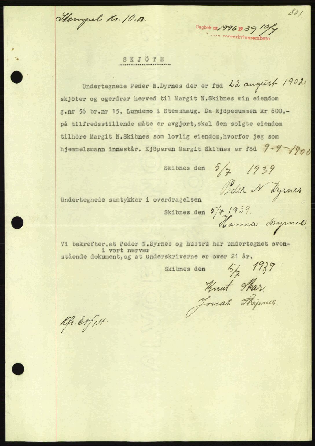 Nordmøre sorenskriveri, AV/SAT-A-4132/1/2/2Ca: Mortgage book no. A86, 1939-1939, Diary no: : 1996/1939