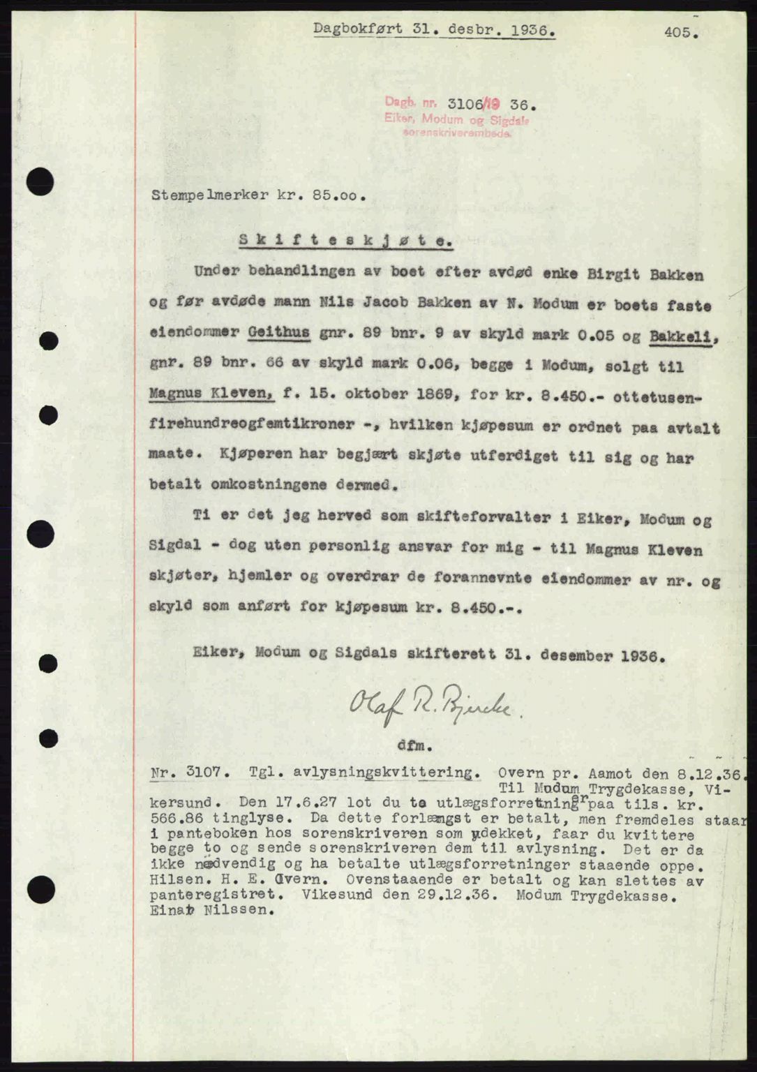 Eiker, Modum og Sigdal sorenskriveri, SAKO/A-123/G/Ga/Gab/L0034: Mortgage book no. A4, 1936-1937, Diary no: : 3106/1936