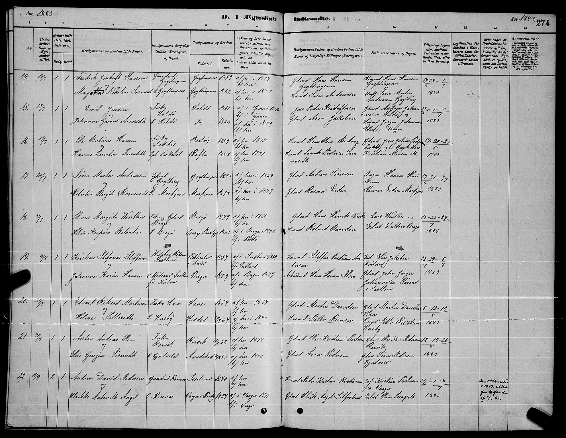 Ministerialprotokoller, klokkerbøker og fødselsregistre - Nordland, AV/SAT-A-1459/888/L1267: Parish register (copy) no. 888C05, 1878-1890, p. 274