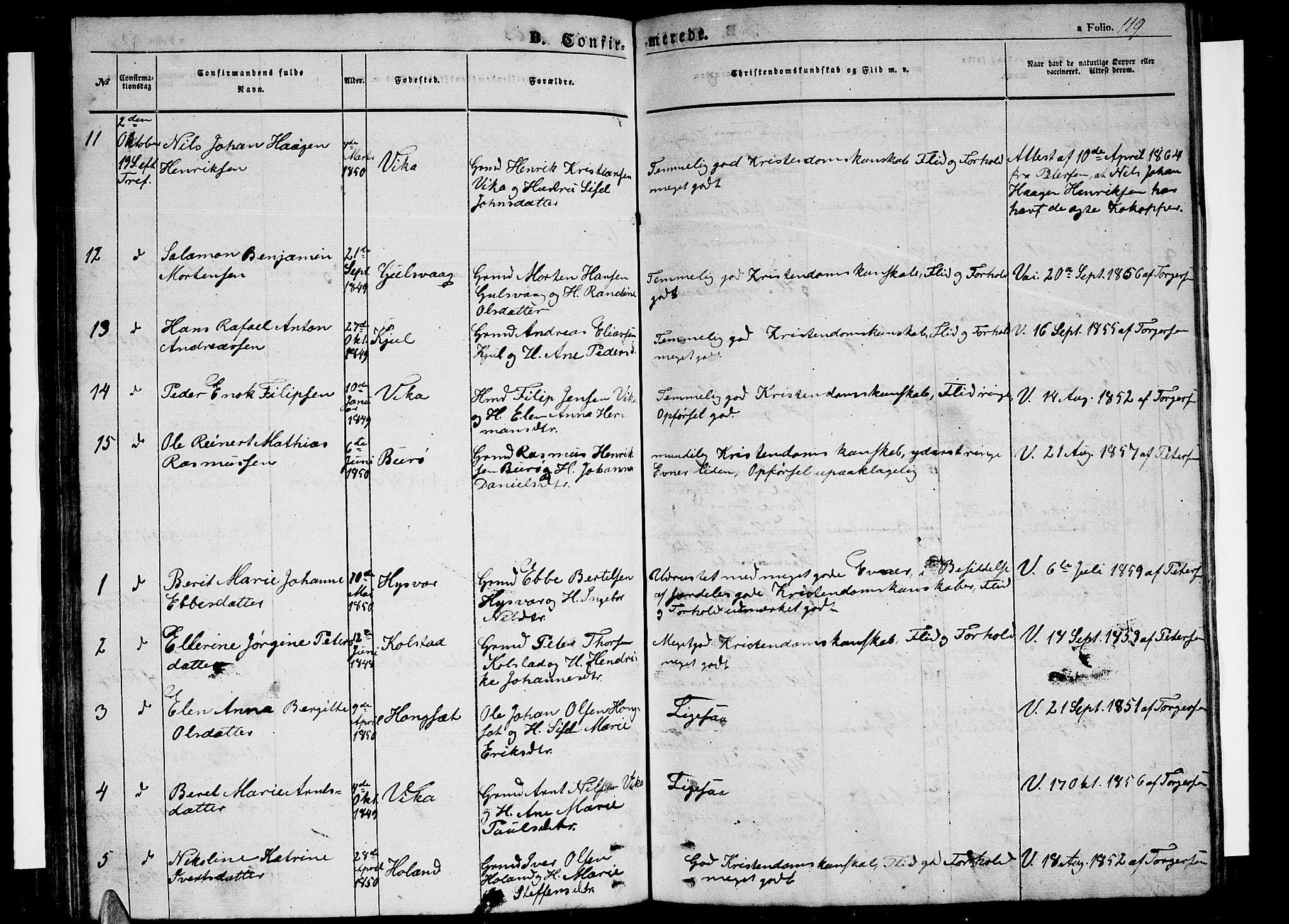 Ministerialprotokoller, klokkerbøker og fødselsregistre - Nordland, AV/SAT-A-1459/816/L0251: Parish register (copy) no. 816C01, 1852-1870, p. 119