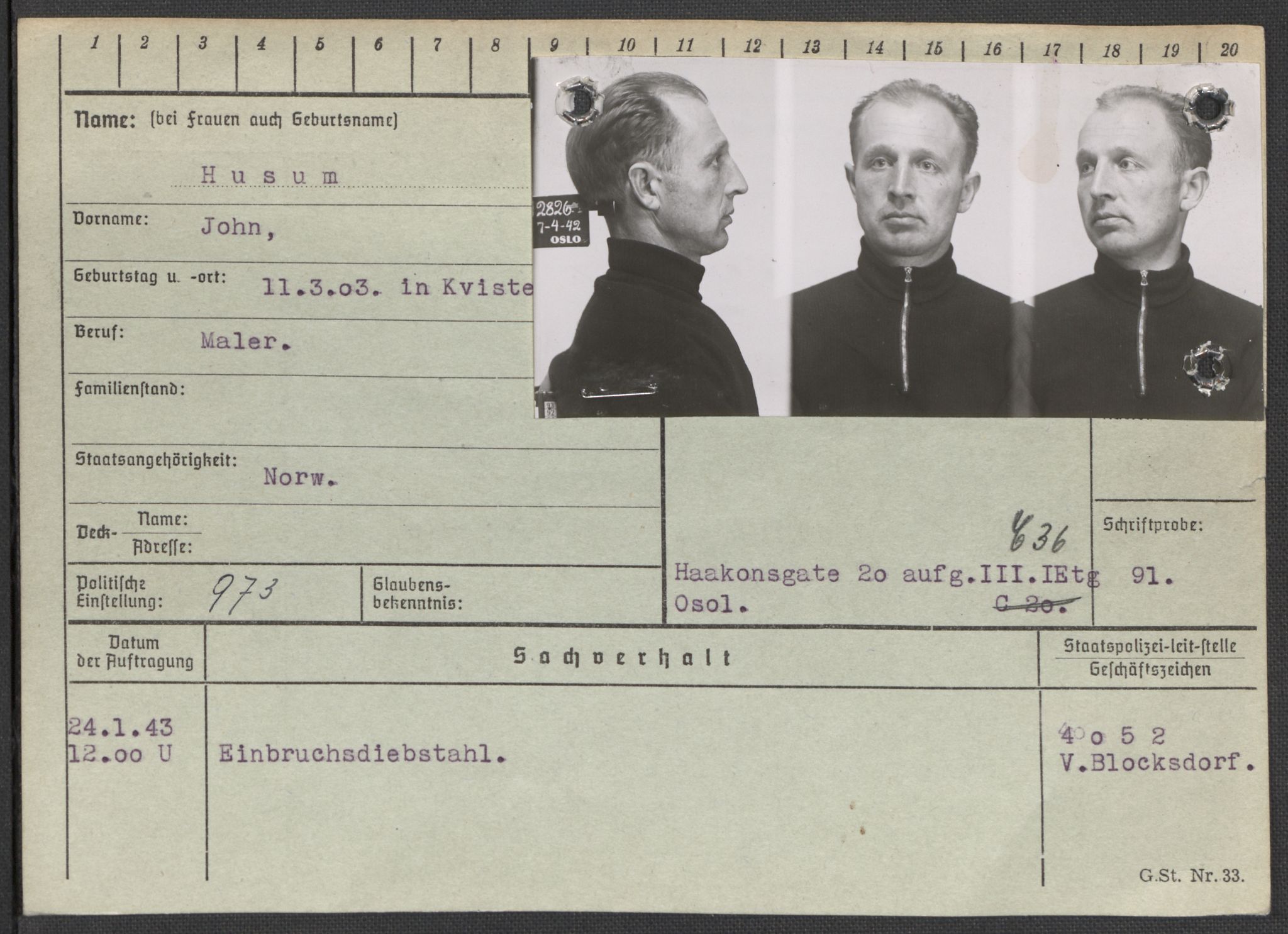 Befehlshaber der Sicherheitspolizei und des SD, AV/RA-RAFA-5969/E/Ea/Eaa/L0004: Register over norske fanger i Møllergata 19: Hal-Hæ, 1940-1945, p. 1451