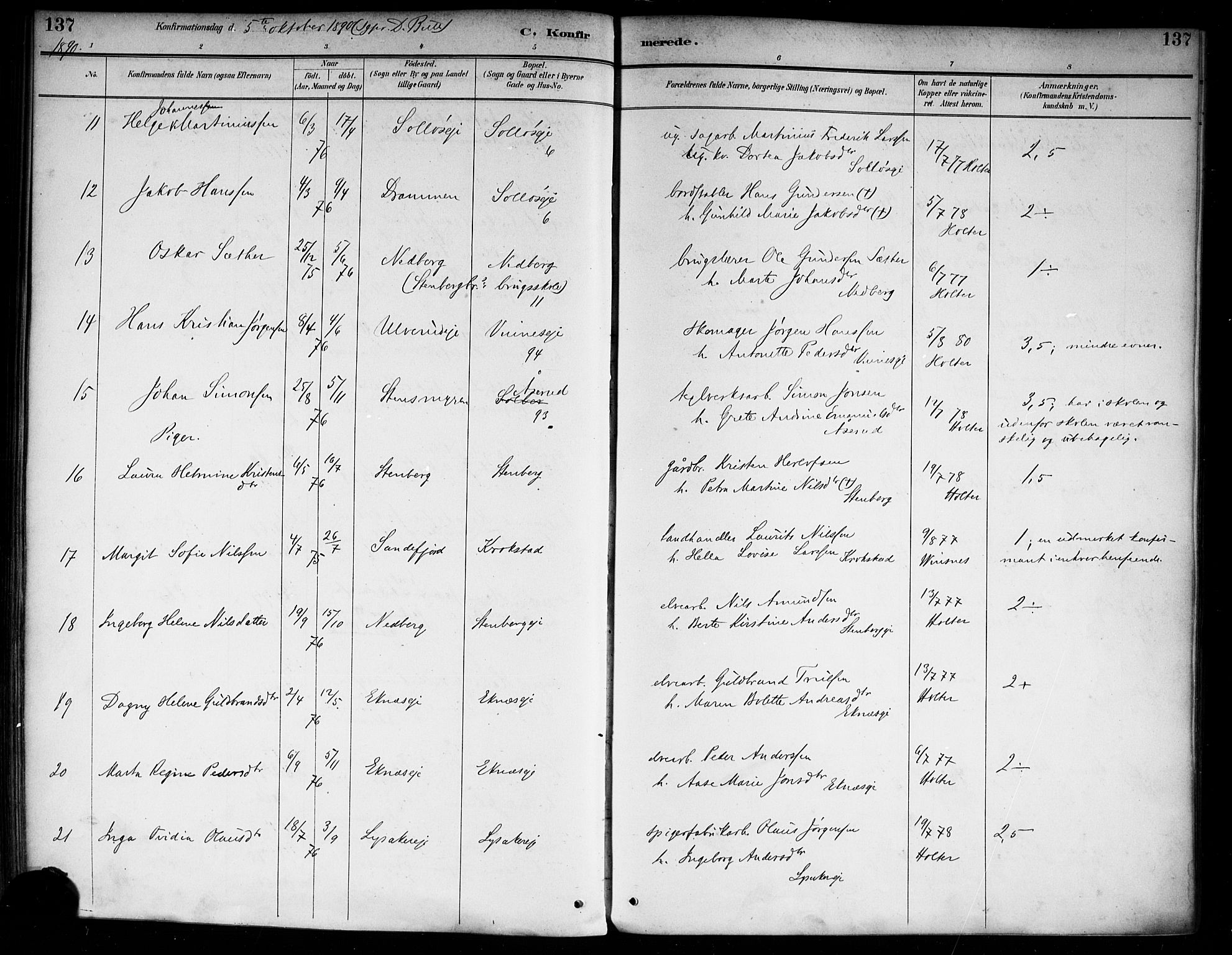 Nedre Eiker kirkebøker, AV/SAKO-A-612/F/Fa/L0003: Parish register (official) no. 3, 1885-1892, p. 137