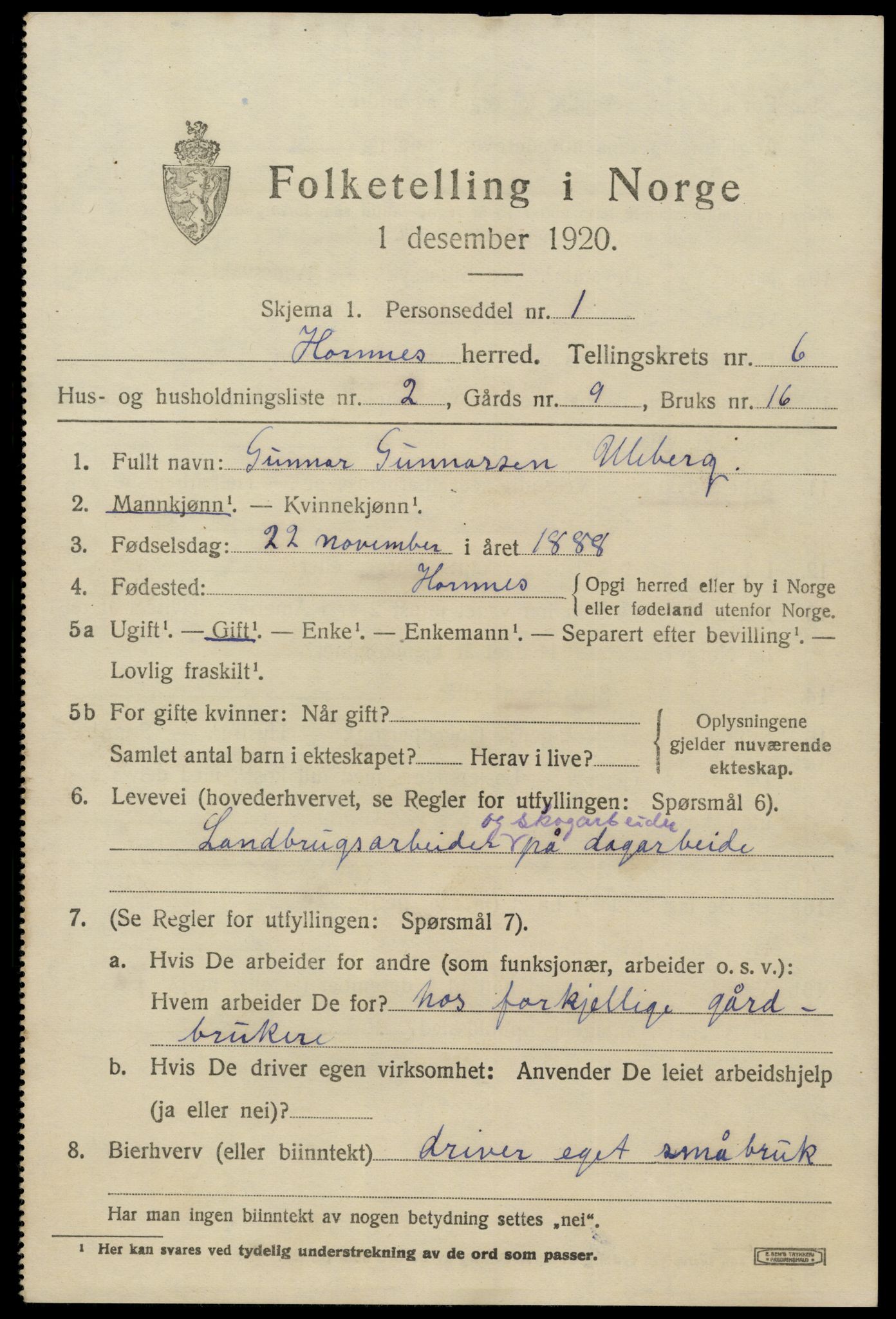 SAK, 1920 census for Hornnes, 1920, p. 1571