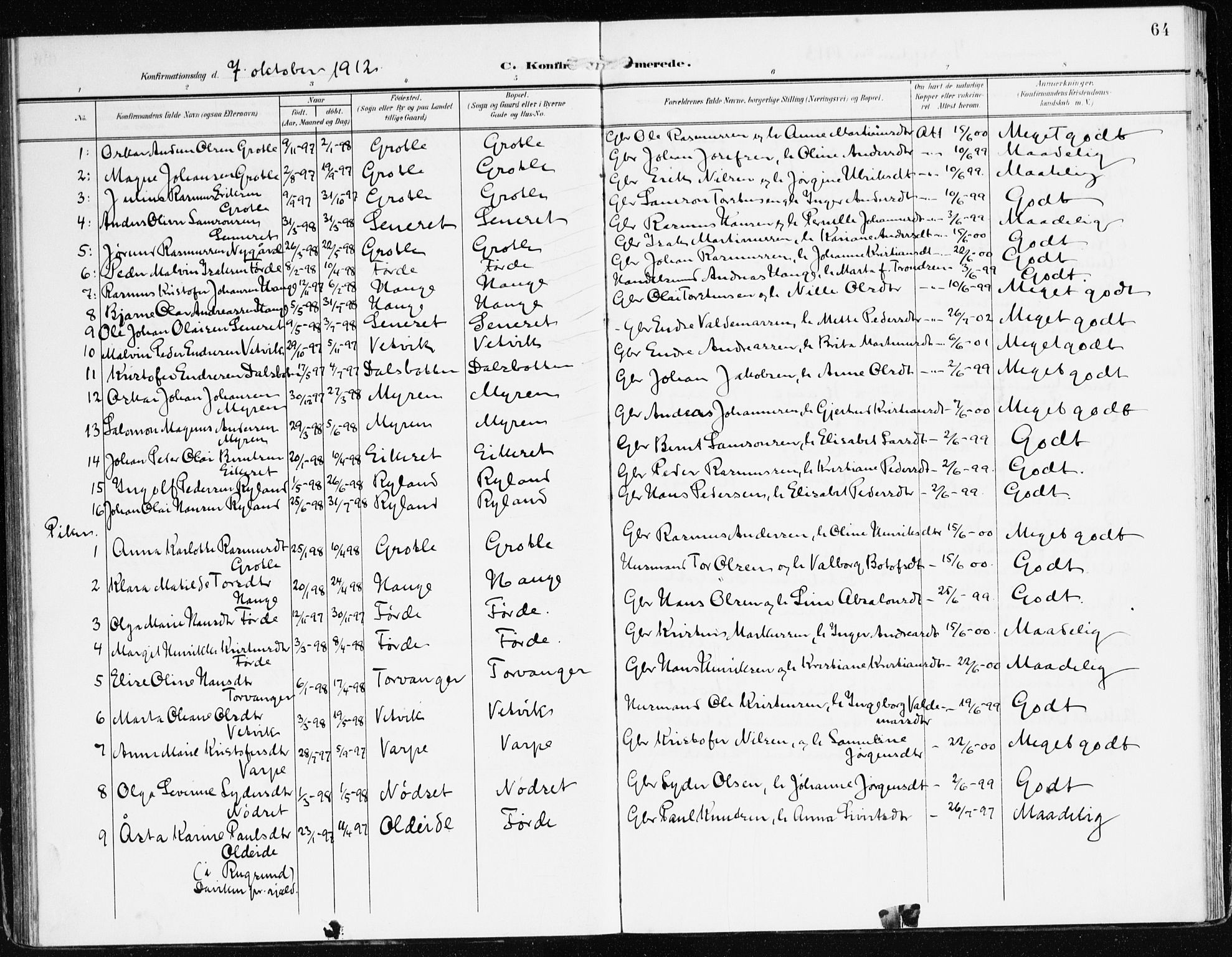 Bremanger sokneprestembete, AV/SAB-A-82201/H/Haa/Haac/L0001: Parish register (official) no. C 1, 1908-1921, p. 64