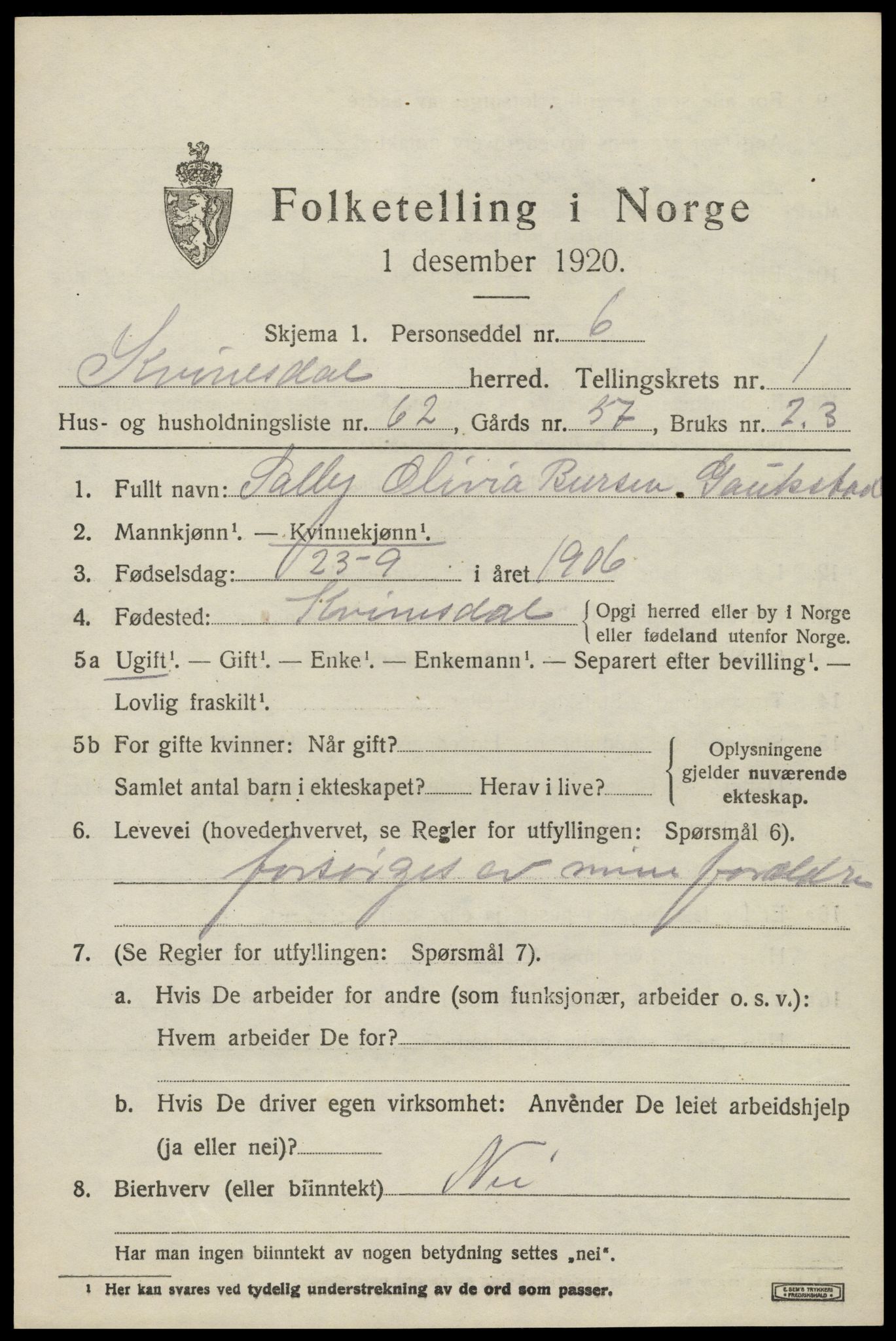 SAK, 1920 census for Kvinesdal, 1920, p. 1817