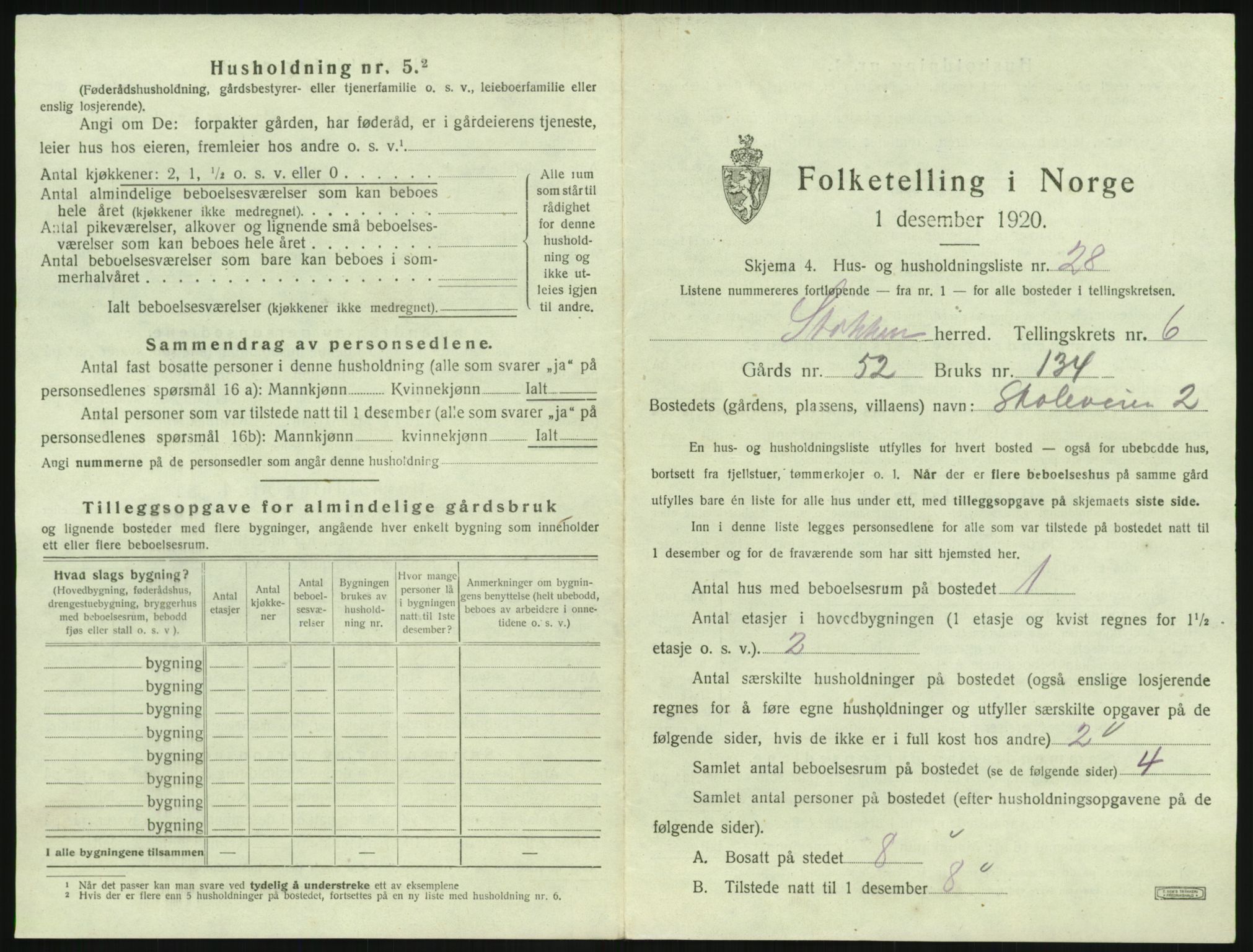 SAK, 1920 census for Stokken, 1920, p. 568