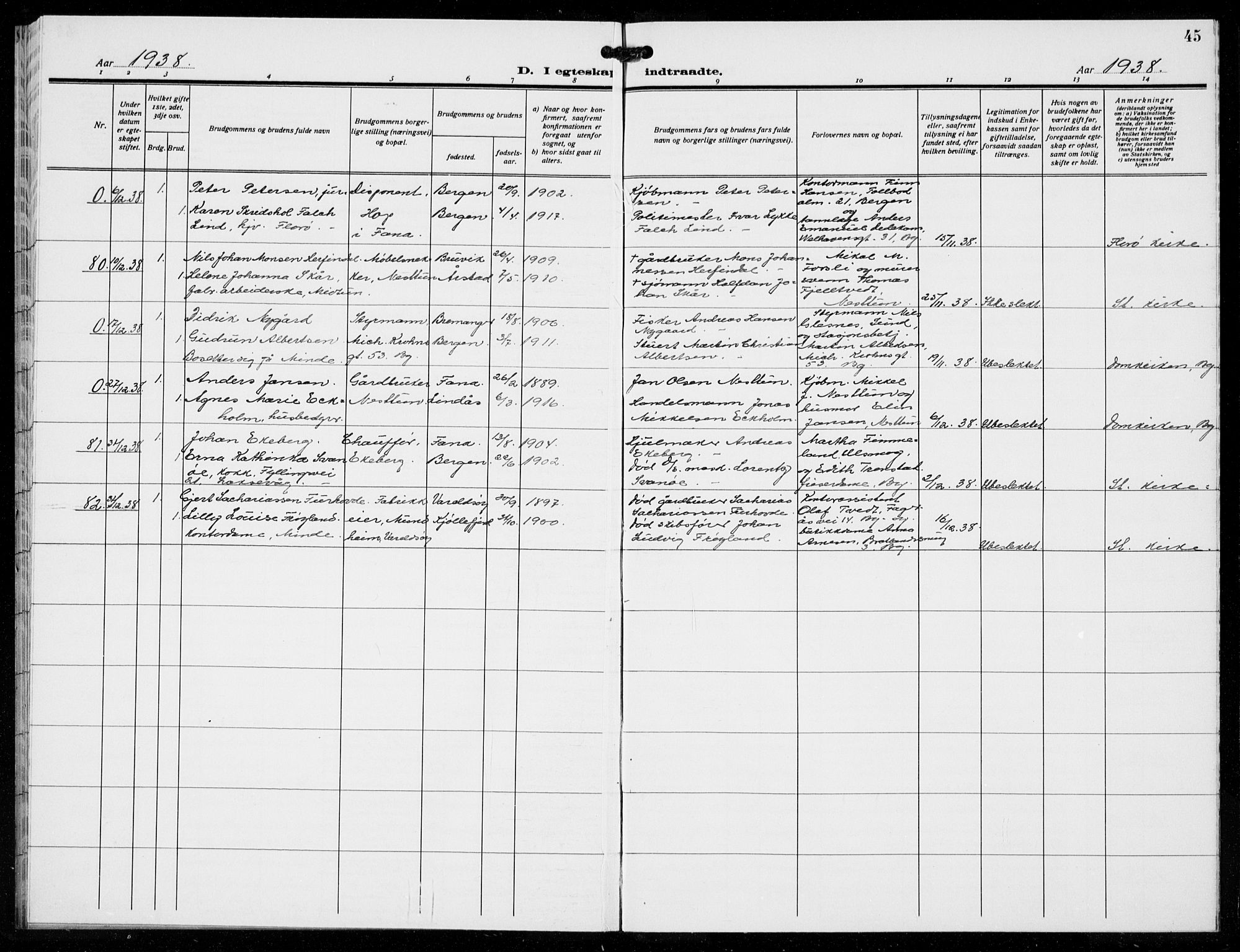 Birkeland Sokneprestembete, AV/SAB-A-74601/H/Hab: Parish register (copy) no. A 11, 1932-1939, p. 45