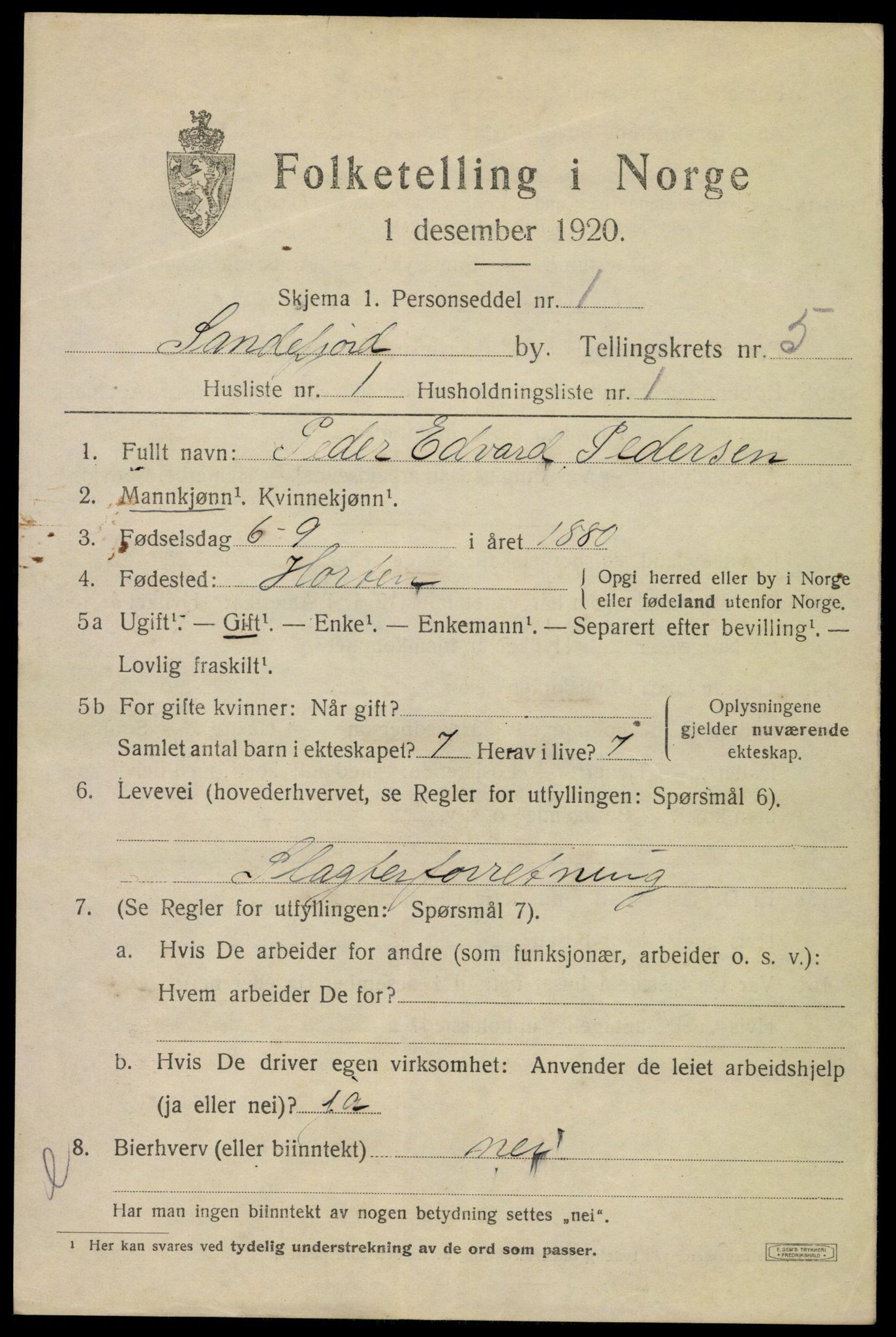 SAKO, 1920 census for Sandefjord, 1920, p. 8416