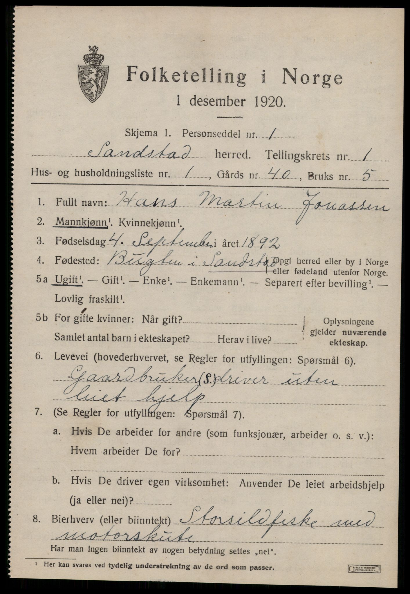 SAT, 1920 census for Sandstad, 1920, p. 349