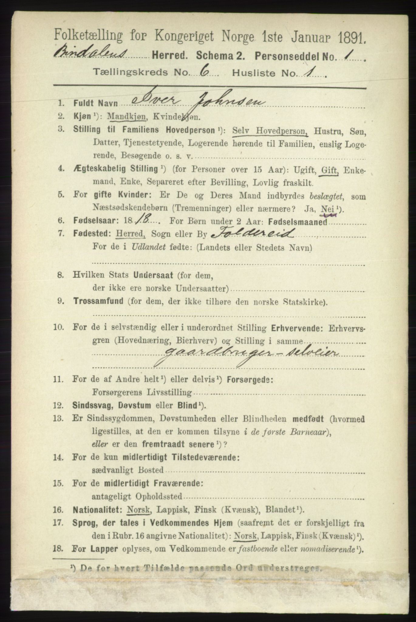 RA, 1891 census for 1811 Bindal, 1891, p. 1712