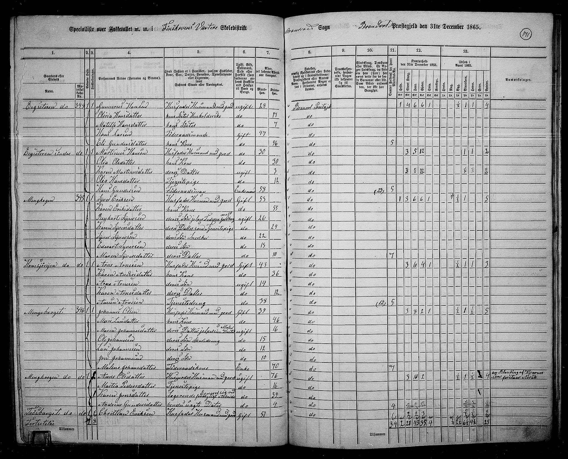 RA, 1865 census for Brandval, 1865, p. 143