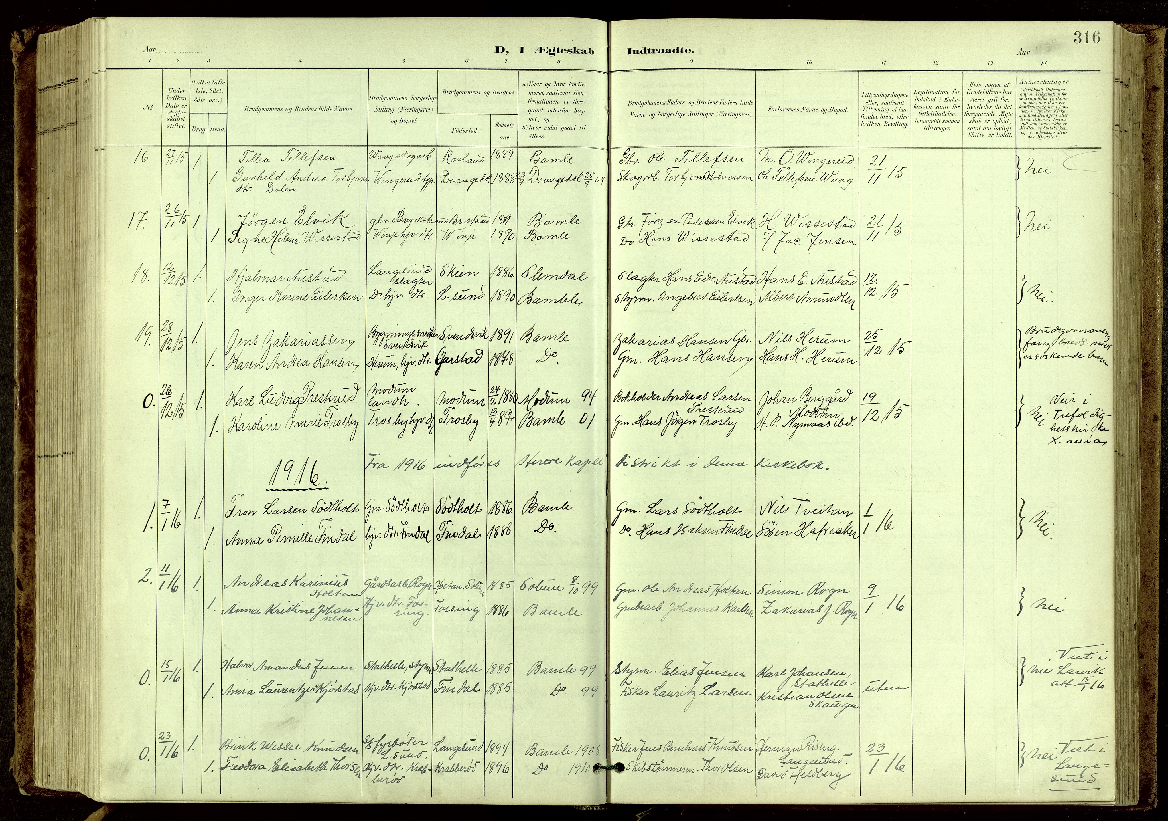 Bamble kirkebøker, SAKO/A-253/G/Ga/L0010: Parish register (copy) no. I 10, 1901-1919, p. 316