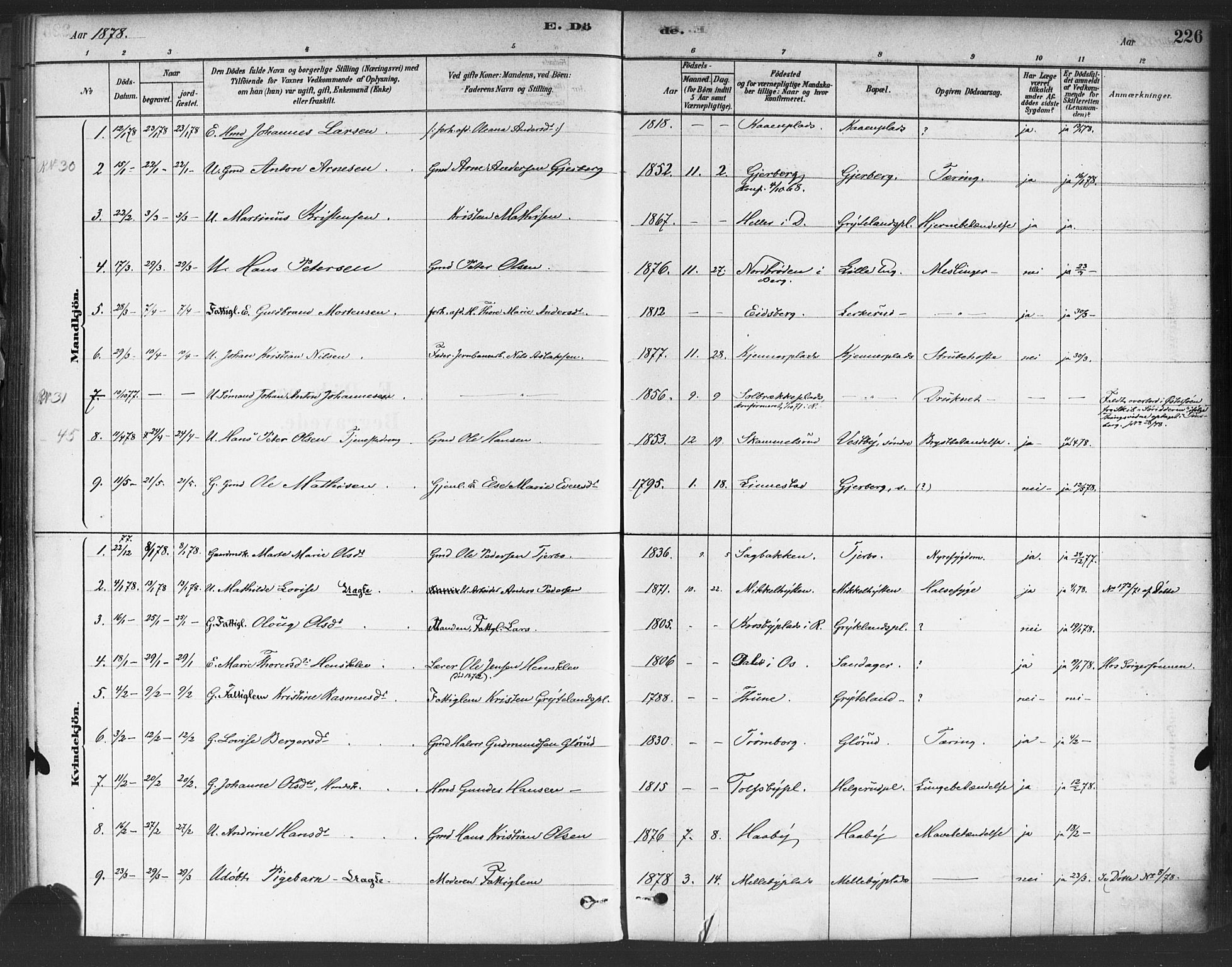 Rakkestad prestekontor Kirkebøker, AV/SAO-A-2008/F/Fa/L0012: Parish register (official) no. I 12, 1878-1893, p. 226