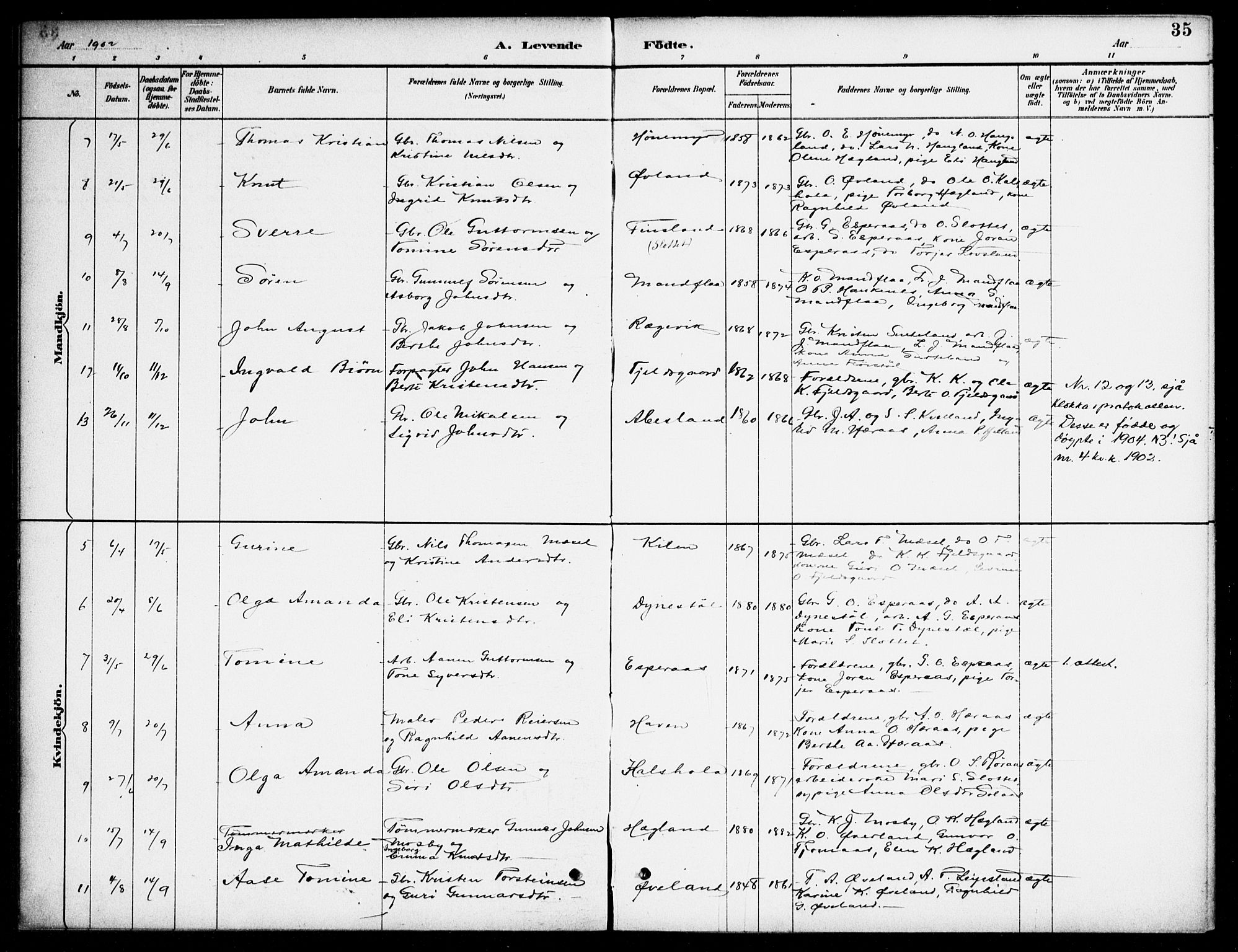 Bjelland sokneprestkontor, AV/SAK-1111-0005/F/Fa/Fab/L0004: Parish register (official) no. A 4, 1887-1920, p. 35