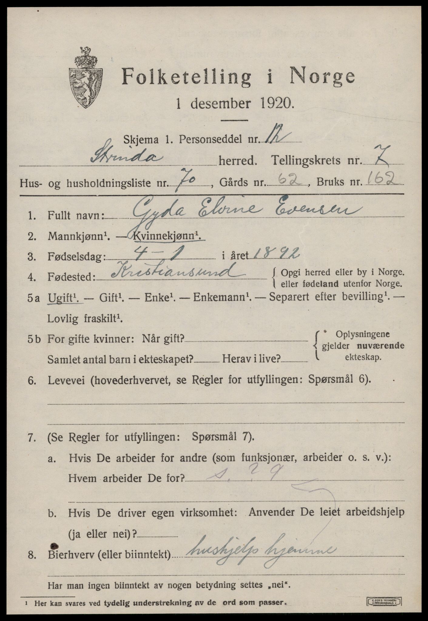 SAT, 1920 census for Strinda, 1920, p. 19458