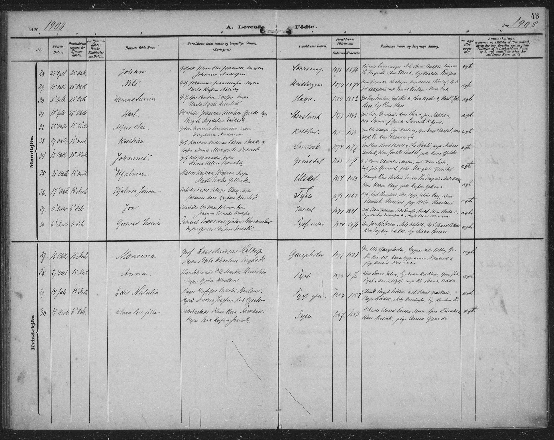 Samnanger Sokneprestembete, AV/SAB-A-77501/H/Haa: Parish register (official) no. A 2, 1902-1918, p. 43