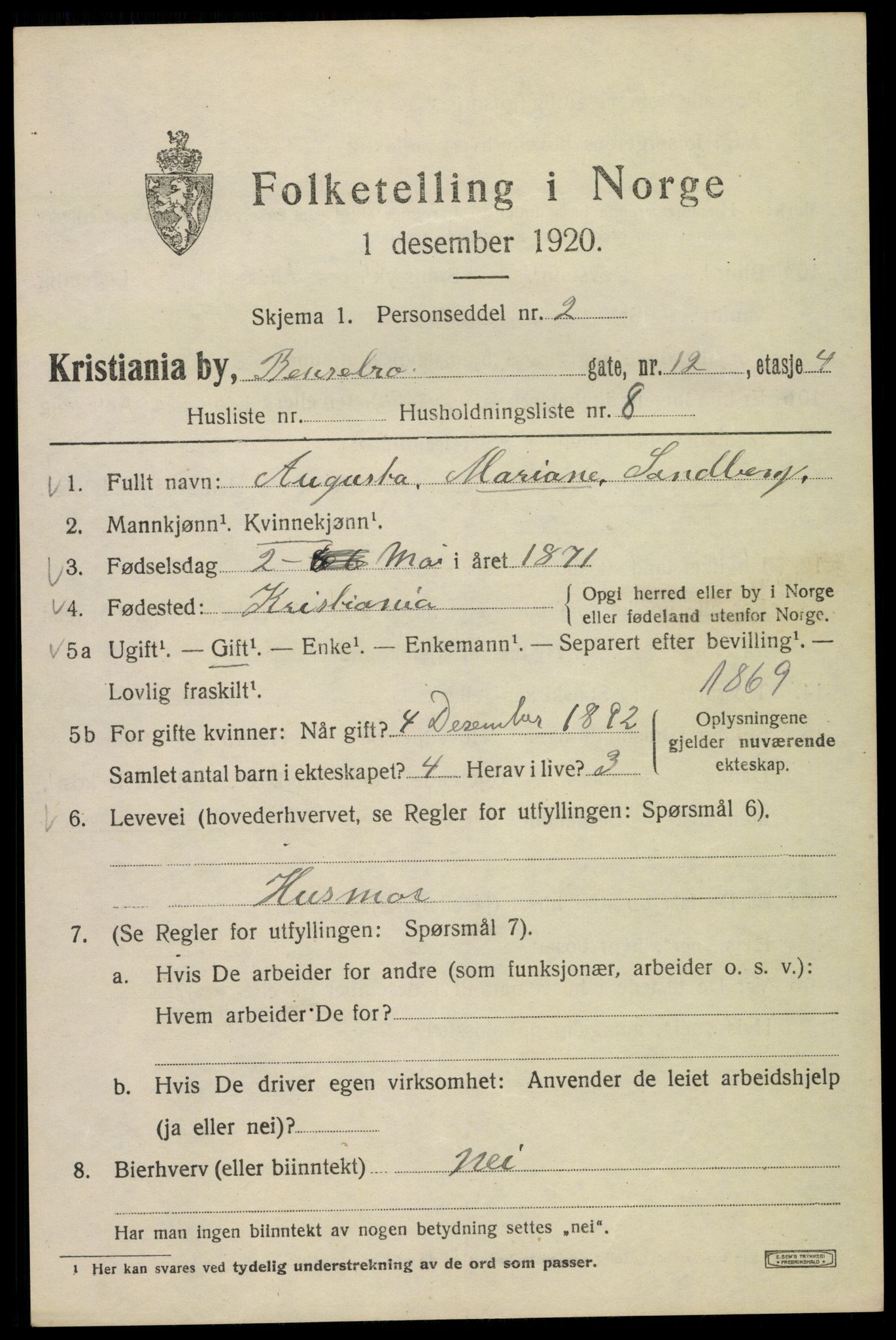 SAO, 1920 census for Kristiania, 1920, p. 151433