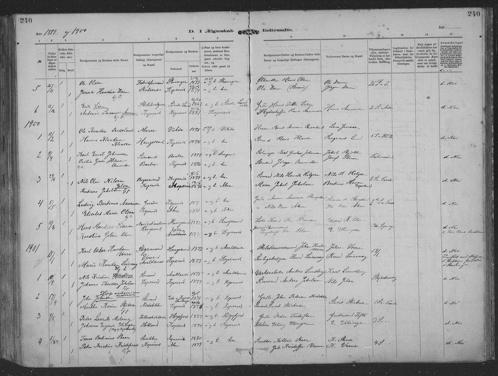 Kopervik sokneprestkontor, AV/SAST-A-101850/H/Ha/Haa/L0001: Parish register (official) no. A 1, 1880-1919, p. 240