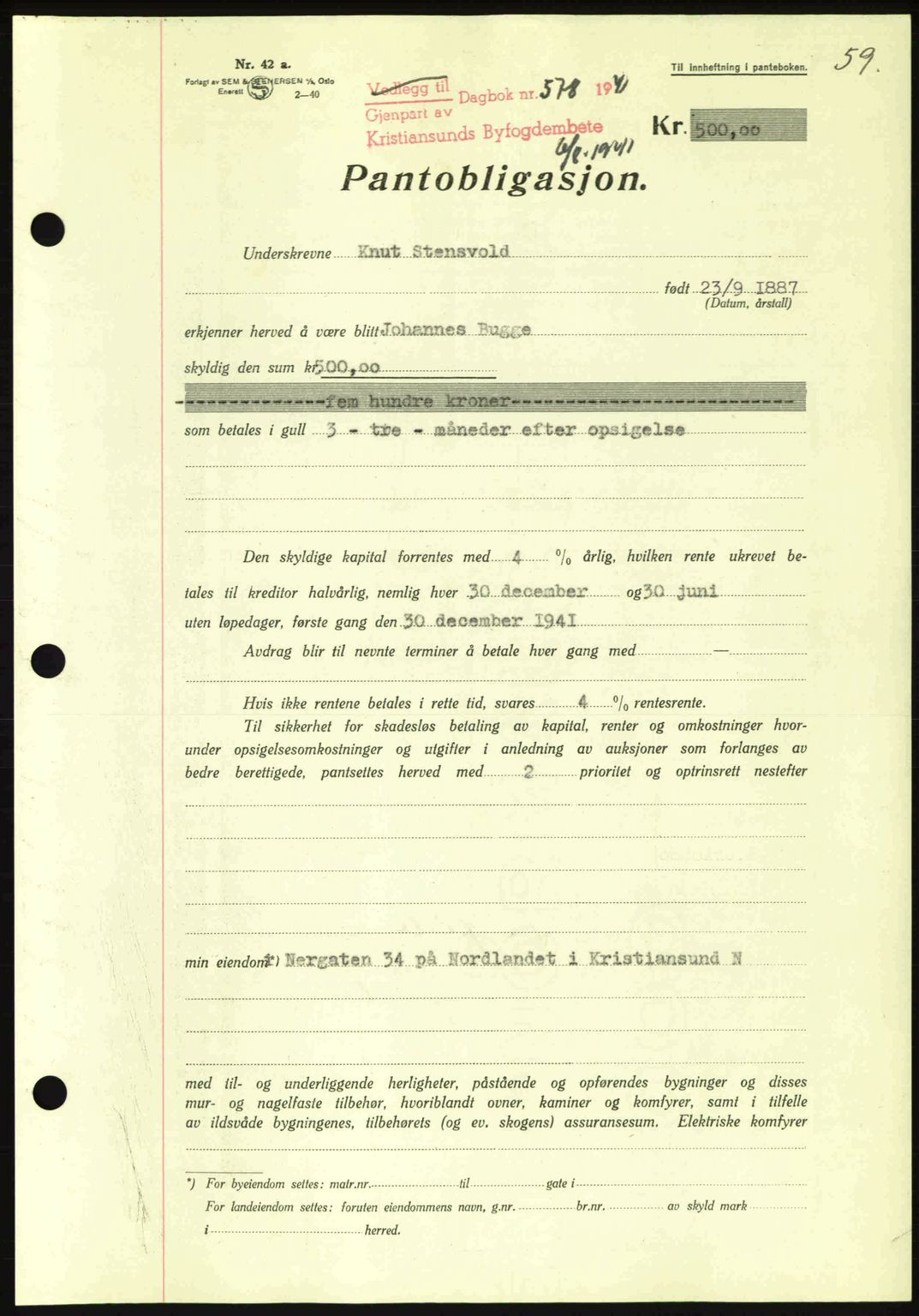 Kristiansund byfogd, AV/SAT-A-4587/A/27: Mortgage book no. 35, 1941-1942, Diary no: : 578/1941