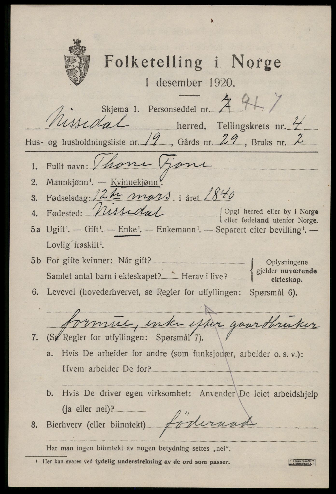 SAKO, 1920 census for Nissedal, 1920, p. 2009