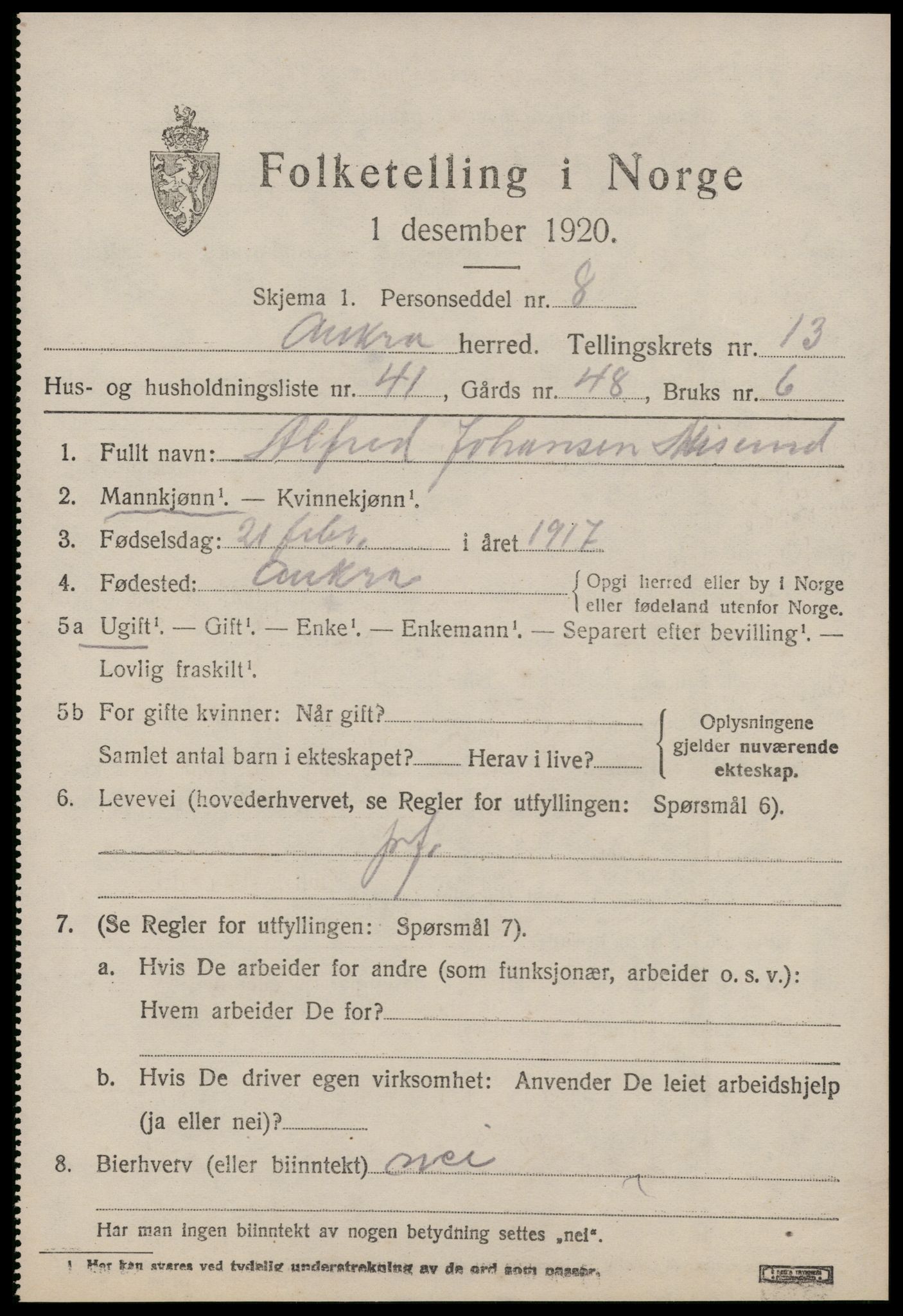 SAT, 1920 census for Aukra, 1920, p. 6163