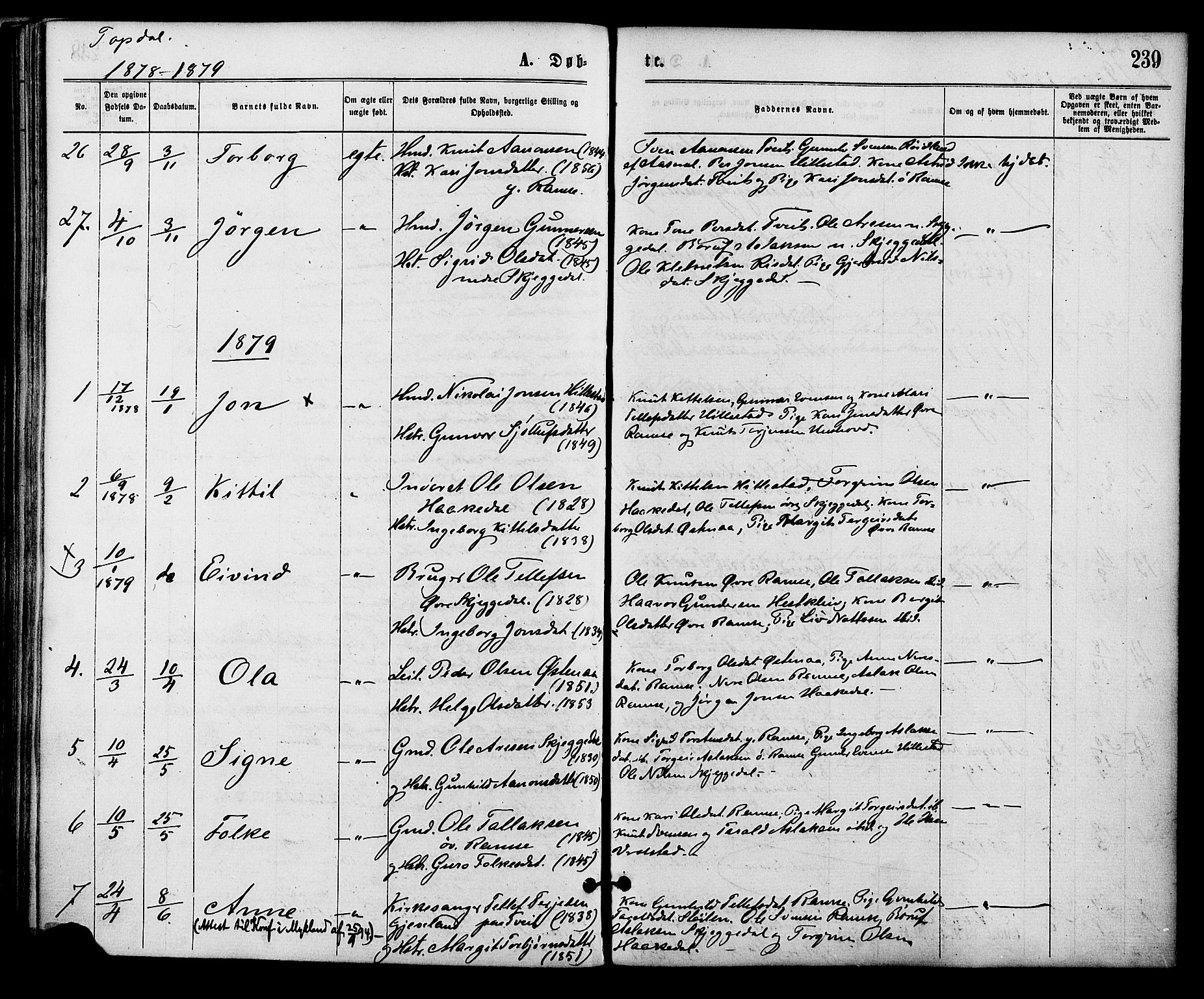 Åmli sokneprestkontor, SAK/1111-0050/F/Fa/Fac/L0009: Parish register (official) no. A 9 /3, 1869-1884, p. 239