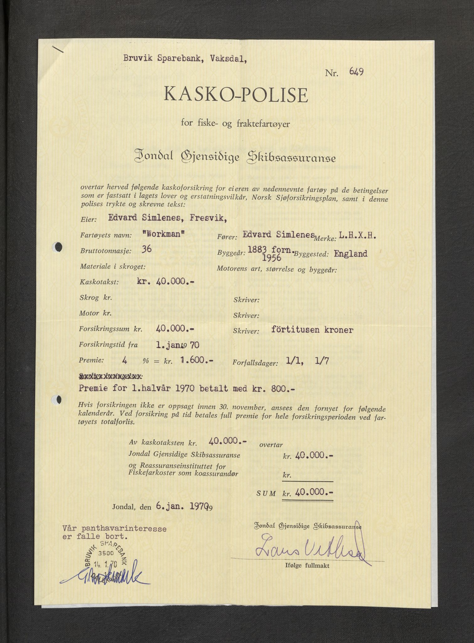 Jondal Skipsassuranseforening, AV/SAB-SAB/PA-0276/E/L0132: Korrespondanse , 1970-1977