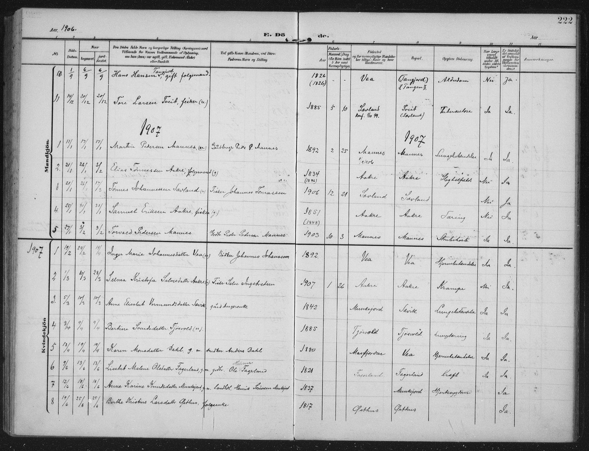 Kopervik sokneprestkontor, AV/SAST-A-101850/H/Ha/Haa/L0005: Parish register (official) no. A 5, 1906-1924, p. 222