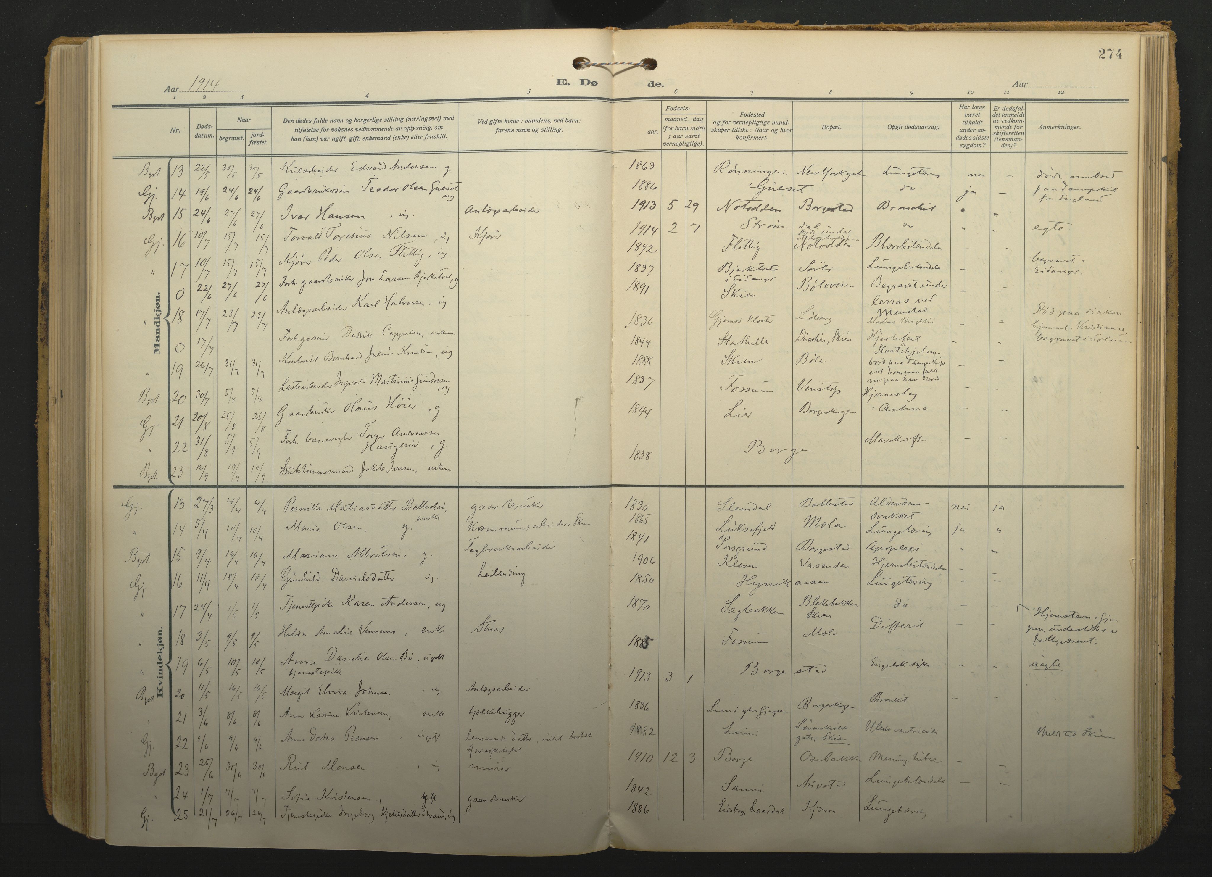Gjerpen kirkebøker, SAKO/A-265/F/Fa/L0013: Parish register (official) no. I 13, 1914-1924, p. 274