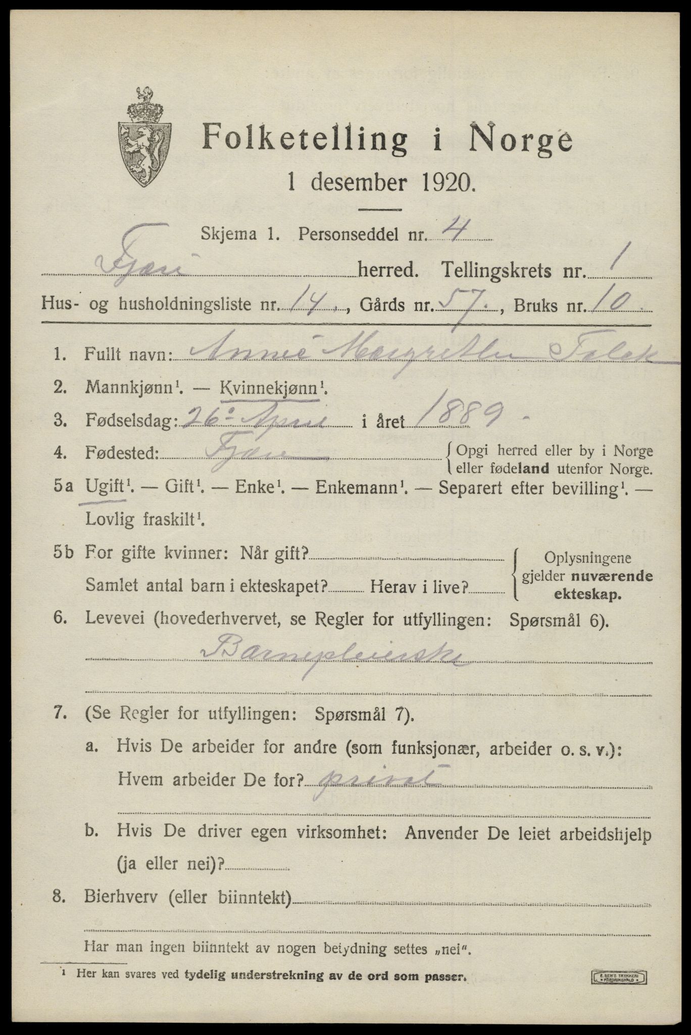 SAK, 1920 census for Fjære, 1920, p. 2321