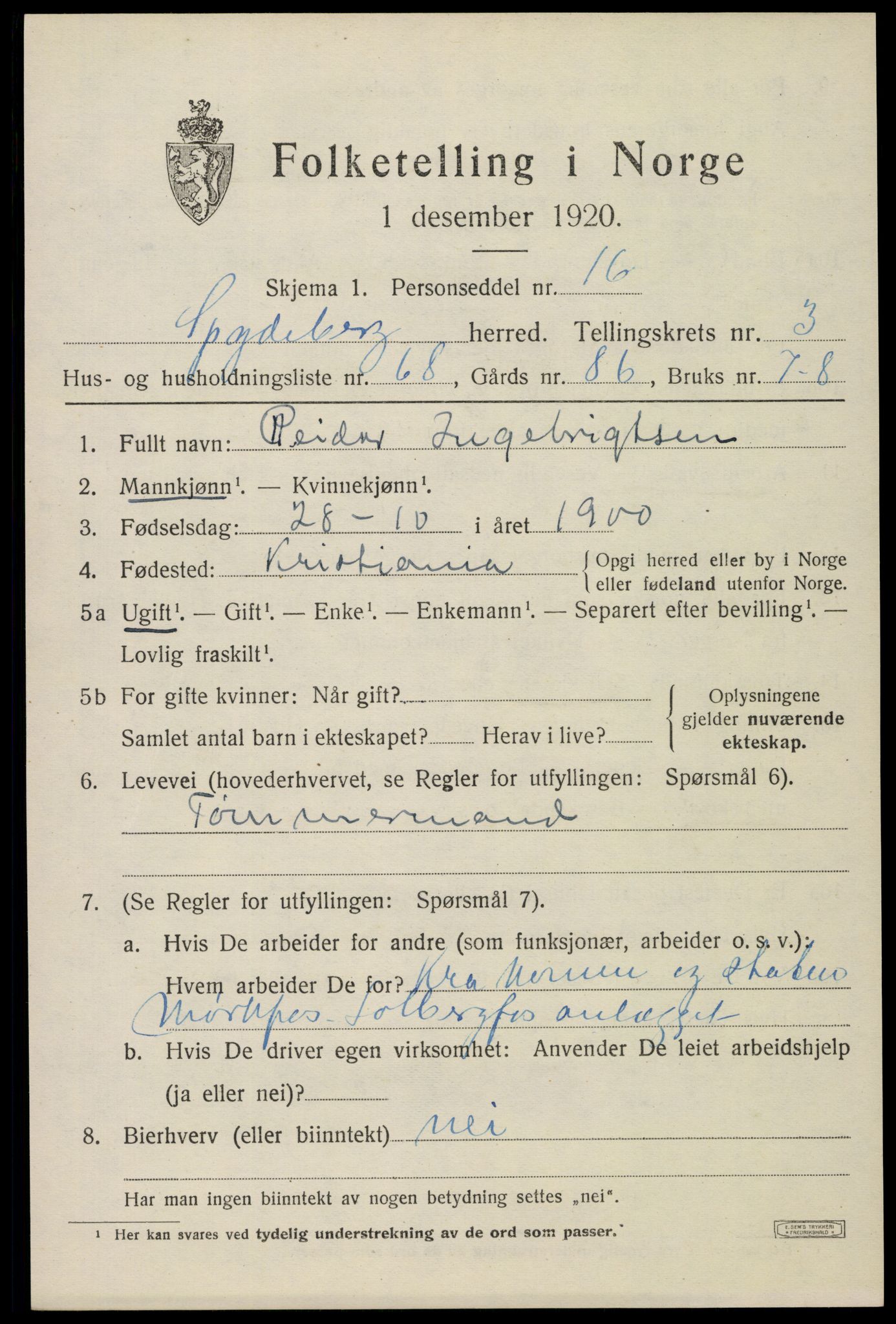 SAO, 1920 census for Spydeberg, 1920, p. 5115