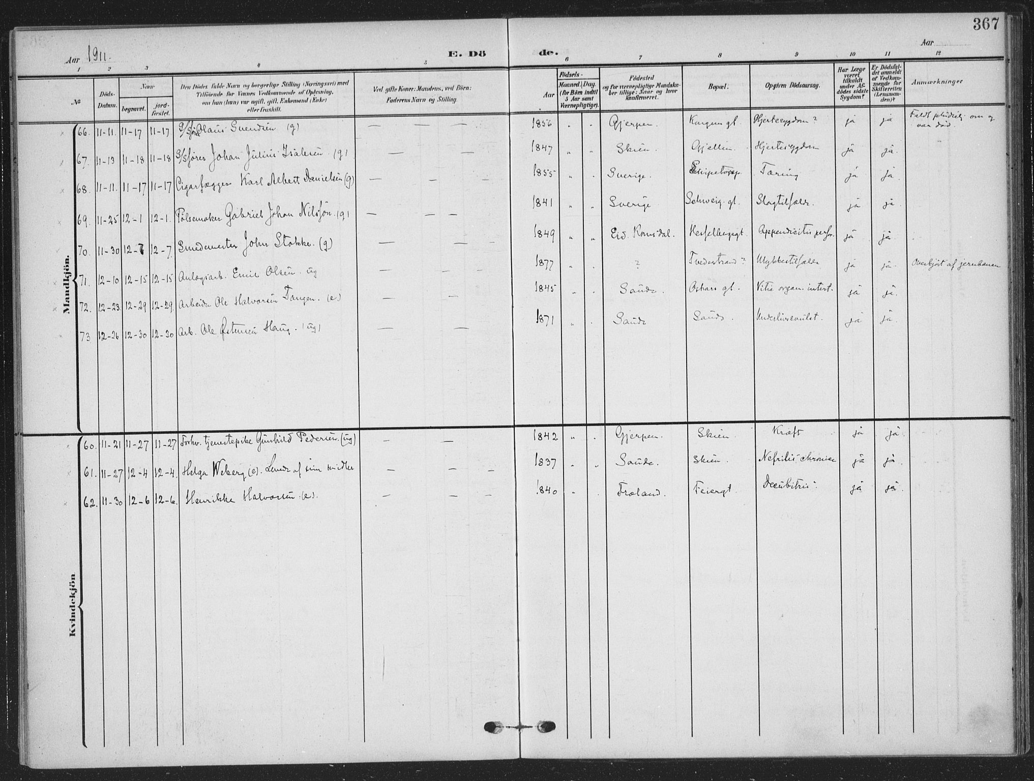 Skien kirkebøker, SAKO/A-302/F/Fa/L0012: Parish register (official) no. 12, 1908-1914, p. 367