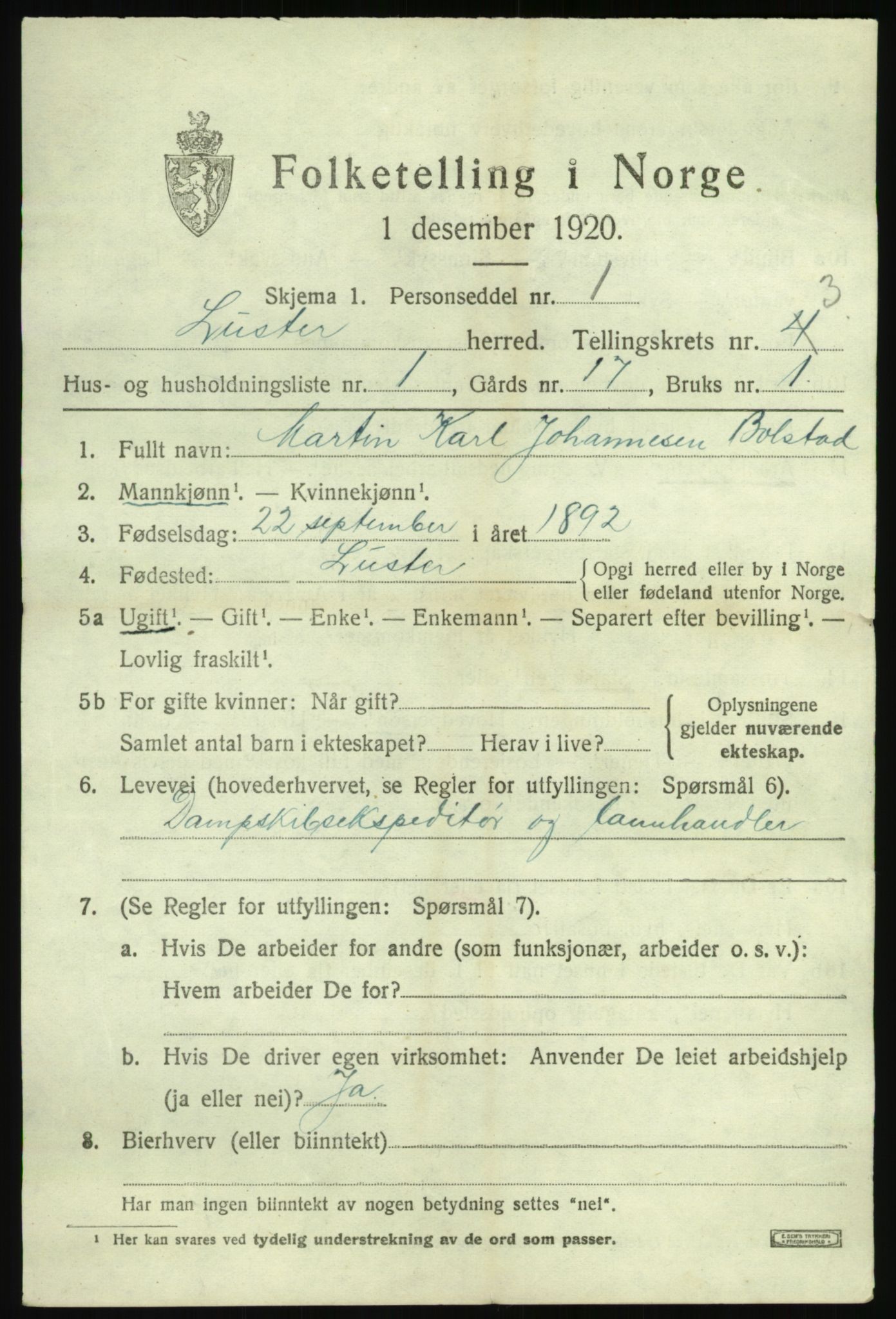 SAB, 1920 census for Luster, 1920, p. 2178