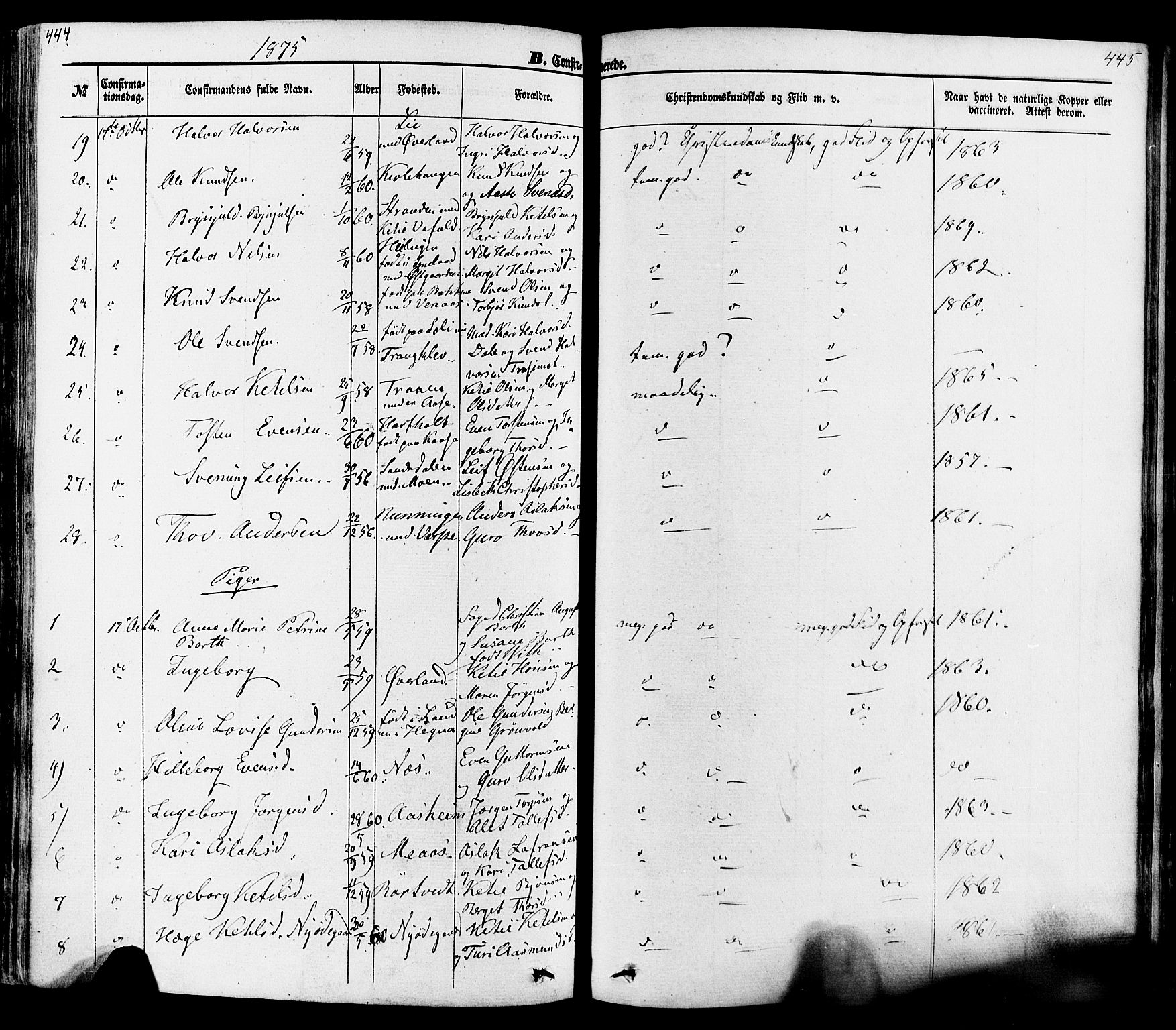 Seljord kirkebøker, AV/SAKO-A-20/F/Fa/L0013: Parish register (official) no. I 13, 1866-1876, p. 444-445