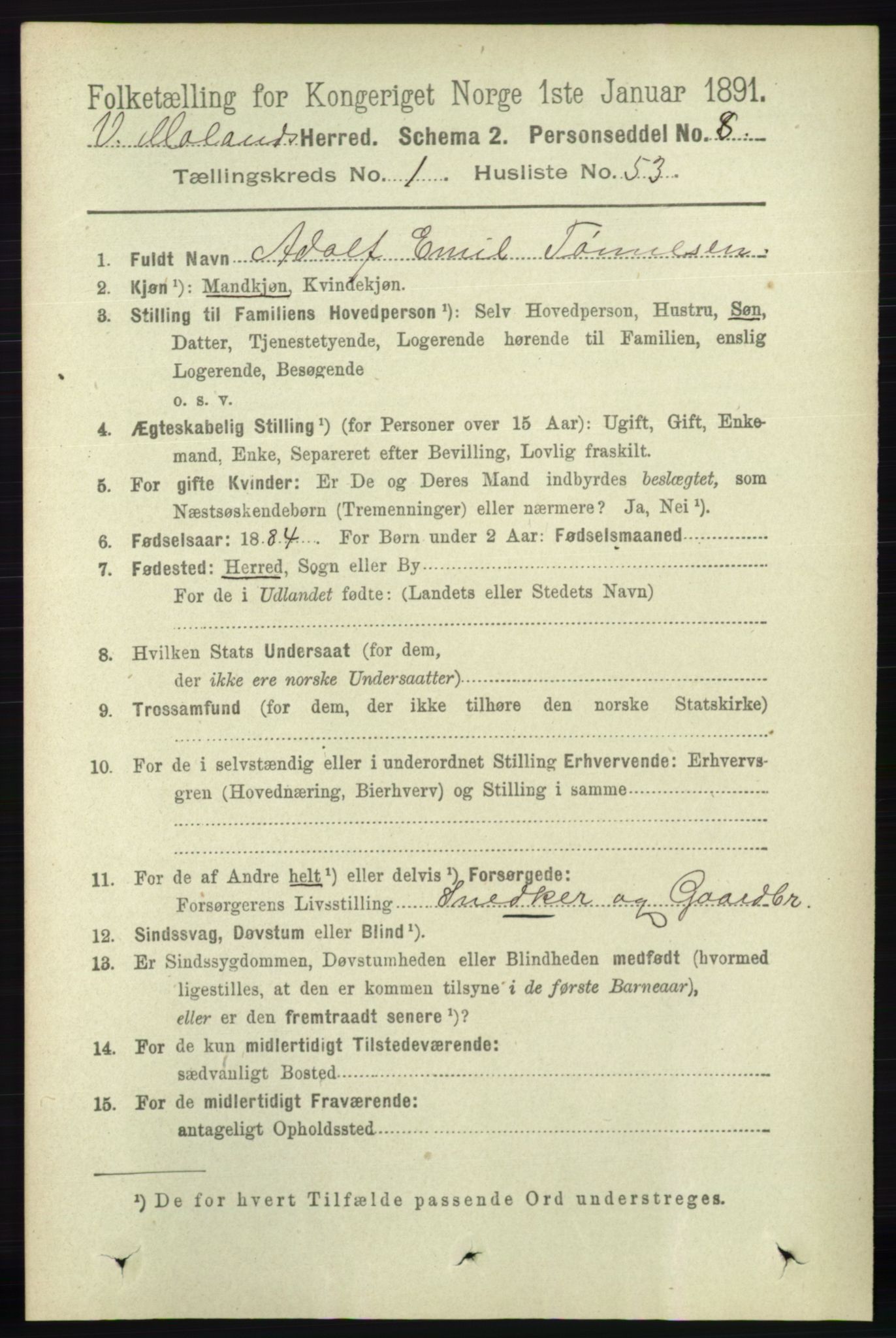 RA, 1891 census for 0926 Vestre Moland, 1891, p. 425