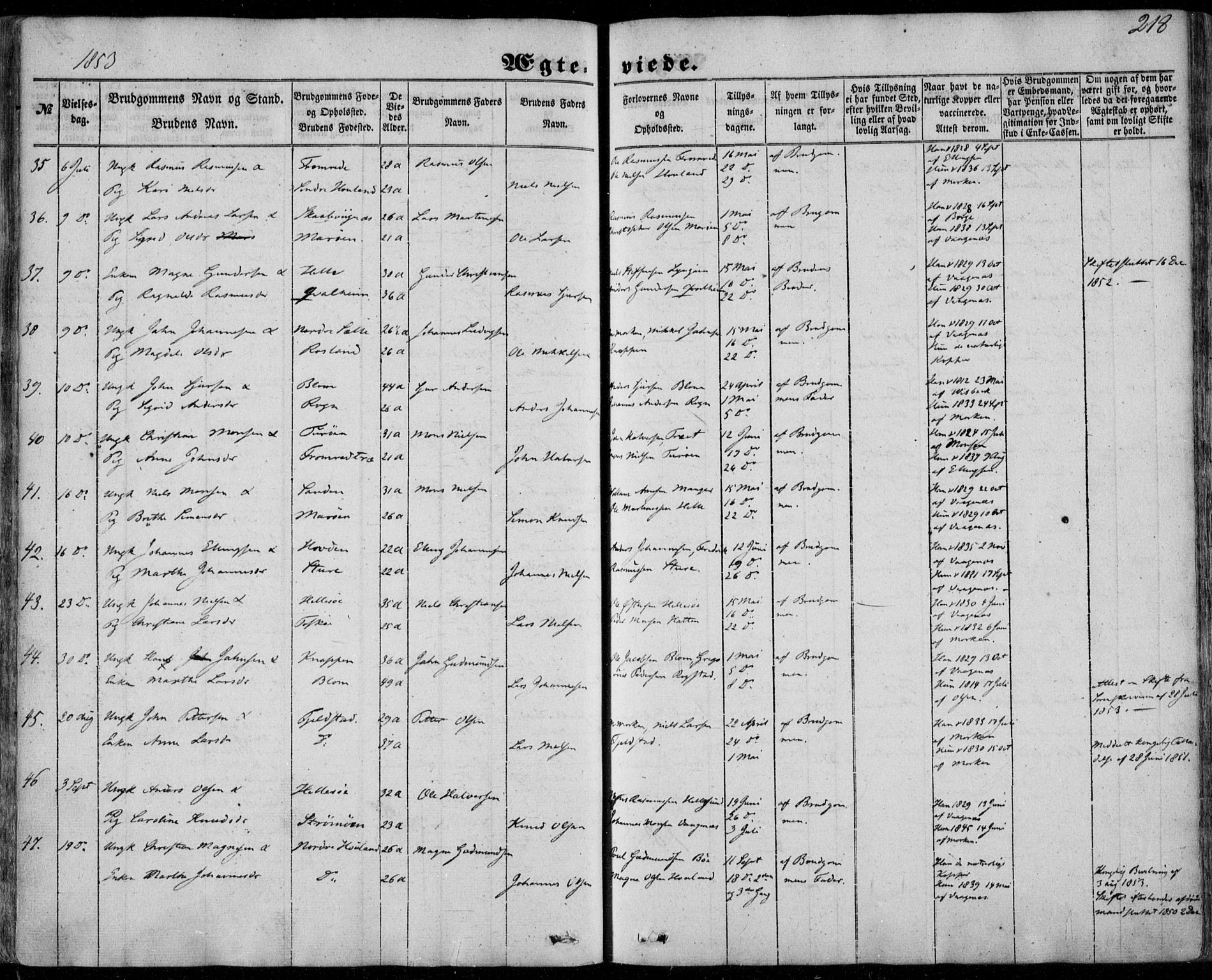 Manger sokneprestembete, SAB/A-76801/H/Haa: Parish register (official) no. A 6, 1849-1859, p. 218