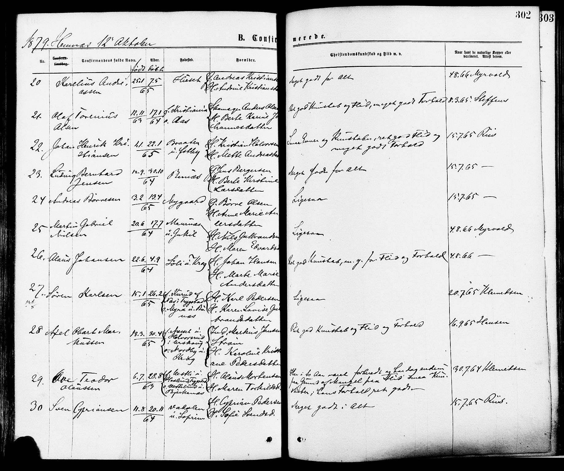 Høland prestekontor Kirkebøker, SAO/A-10346a/F/Fa/L0012.a: Parish register (official) no. I 12A, 1869-1879, p. 302