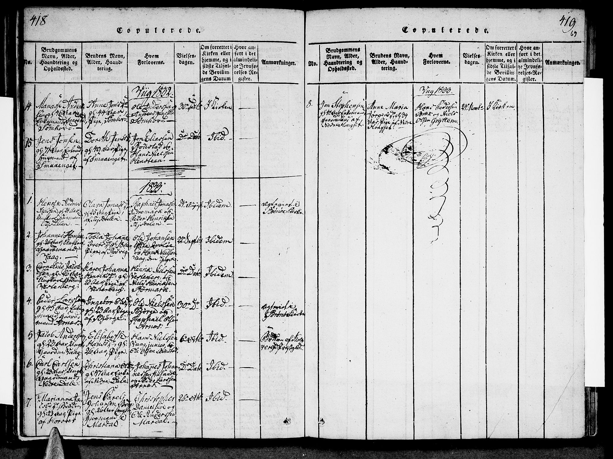 Ministerialprotokoller, klokkerbøker og fødselsregistre - Nordland, SAT/A-1459/812/L0175: Parish register (official) no. 812A04, 1820-1833, p. 418-419