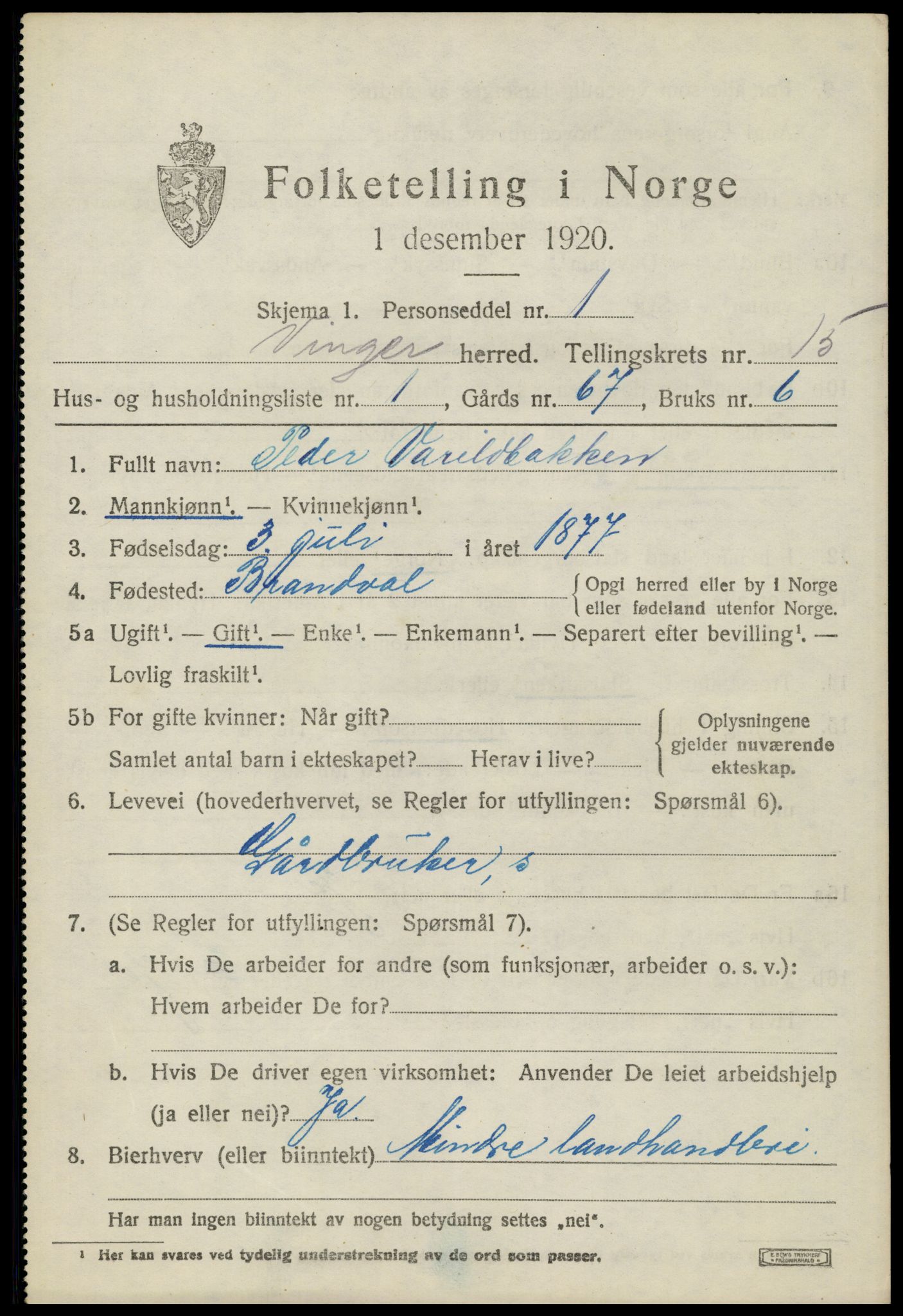 SAH, 1920 census for Vinger, 1920, p. 11682