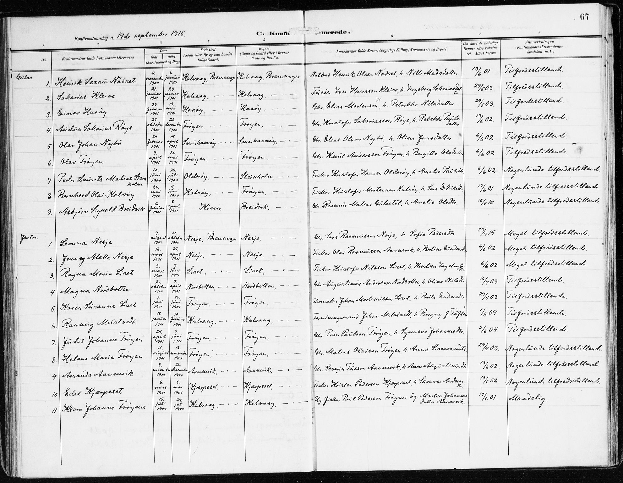 Bremanger sokneprestembete, SAB/A-82201/H/Haa/Haab/L0003: Parish register (official) no. B 3, 1908-1925, p. 67