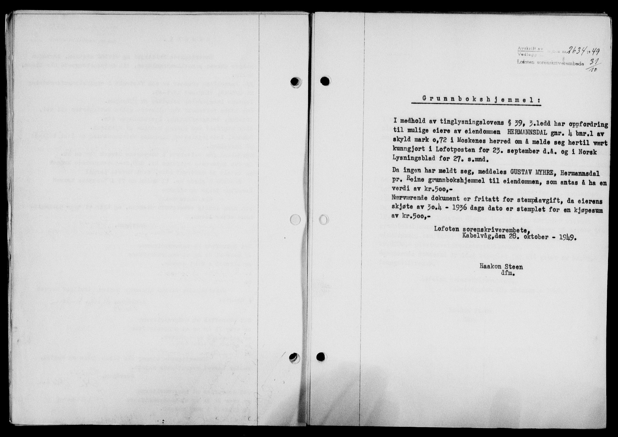 Lofoten sorenskriveri, SAT/A-0017/1/2/2C/L0022a: Mortgage book no. 22a, 1949-1950, Diary no: : 2634/1949