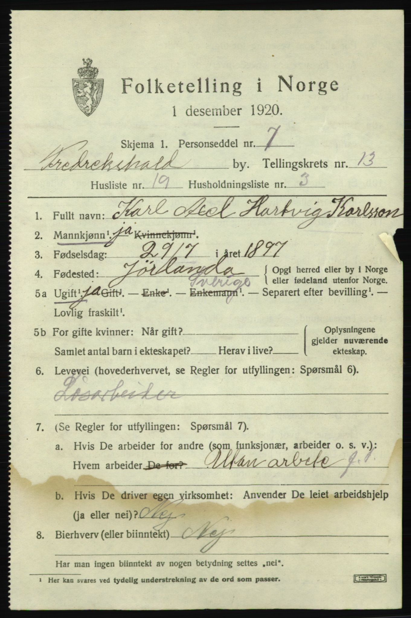 SAO, 1920 census for Fredrikshald, 1920, p. 21012