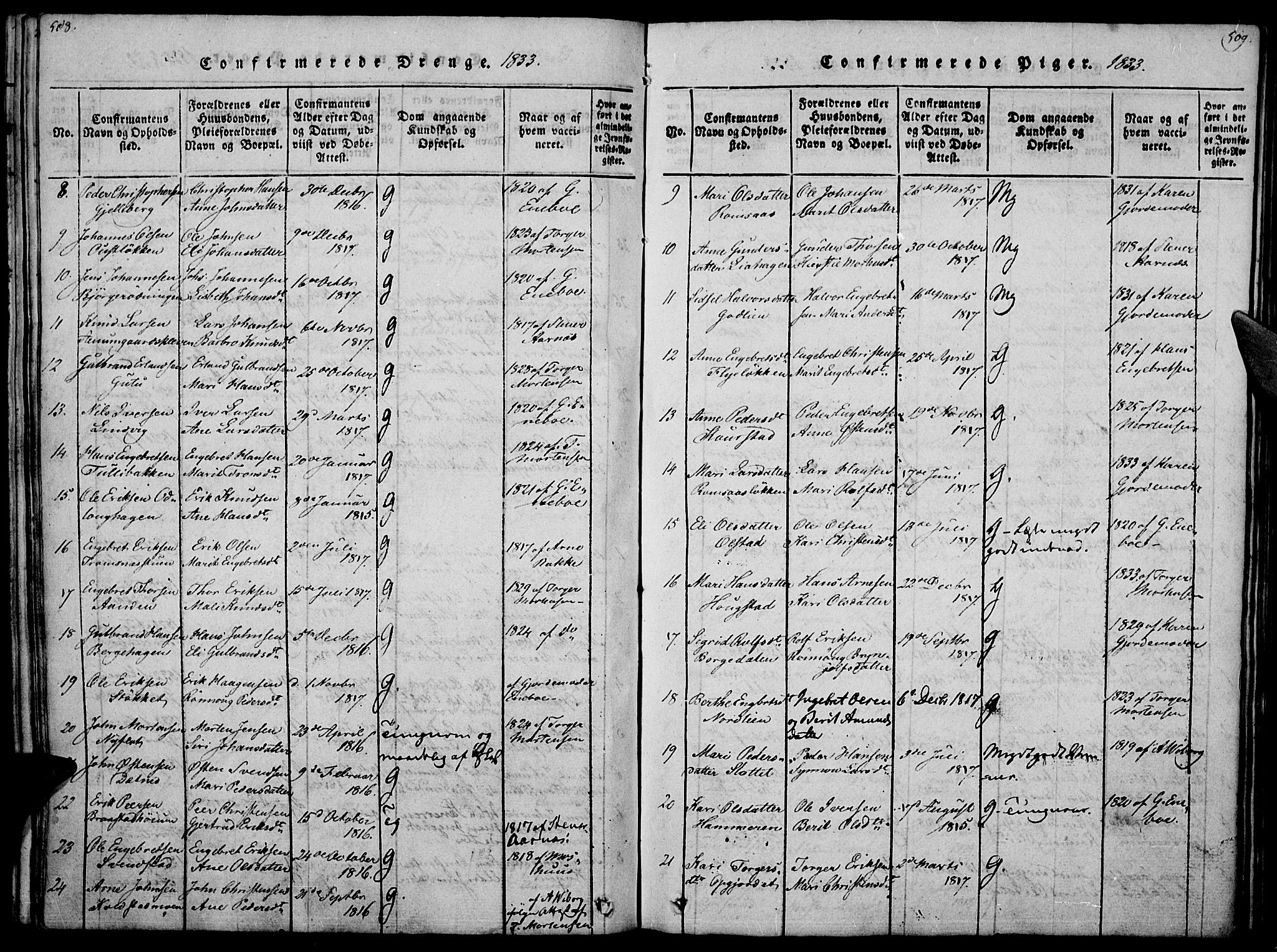 Ringebu prestekontor, SAH/PREST-082/H/Ha/Haa/L0004: Parish register (official) no. 4, 1821-1839, p. 508-509