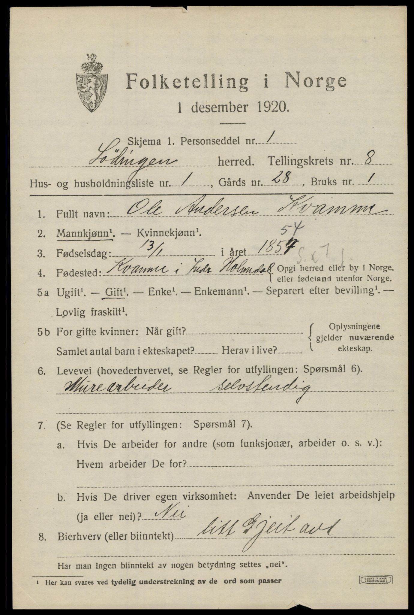 SAT, 1920 census for Lødingen, 1920, p. 5291